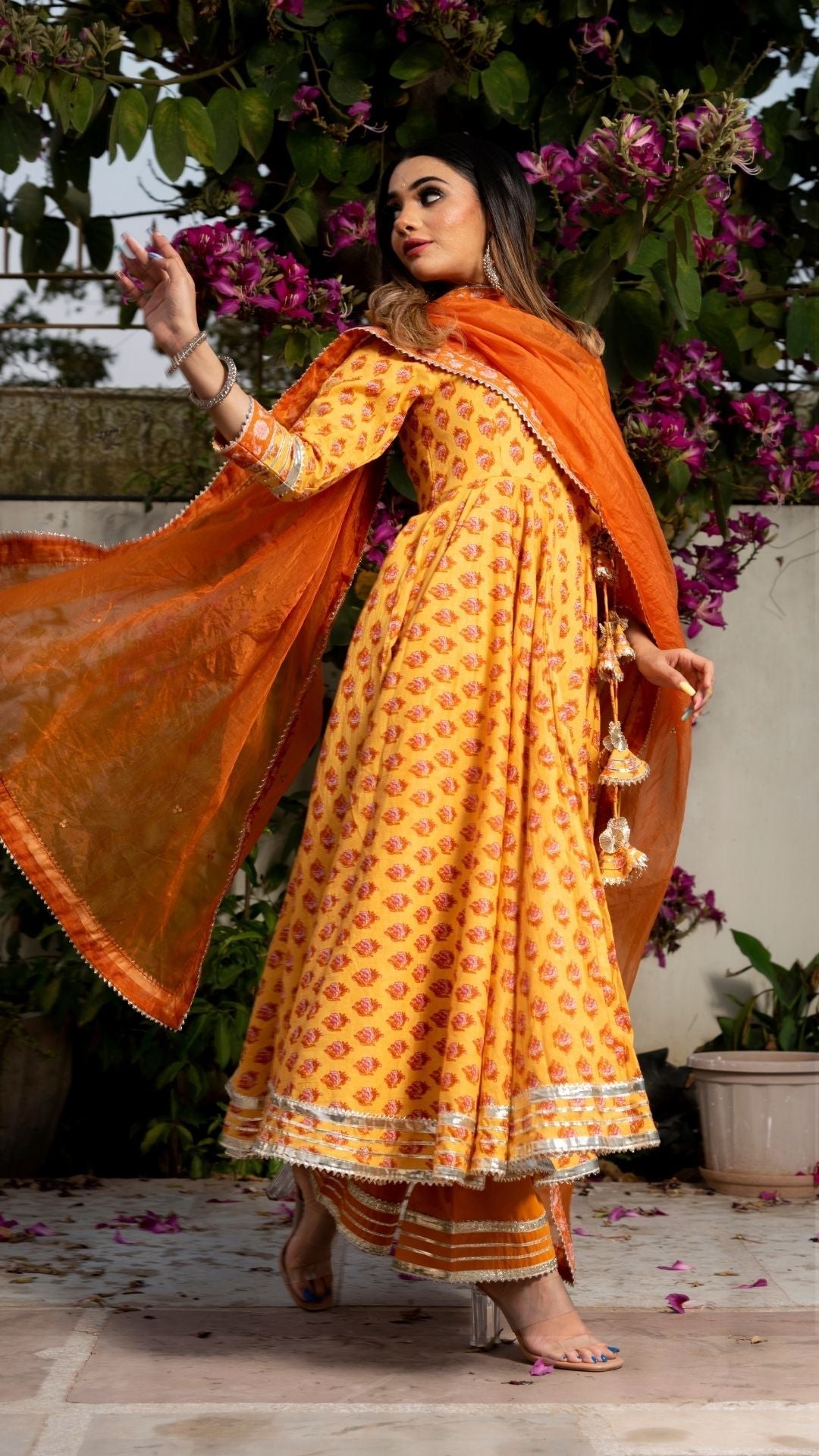 Pomcha Jaipur Mehar Light Brown Hand Block Anarkali Set | Swadesiicart