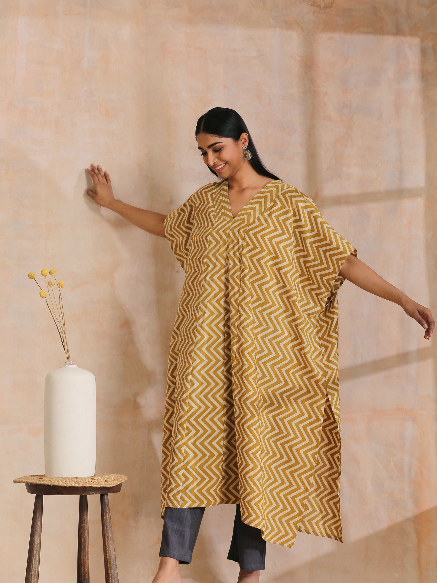 trueBrowns Mustard Dabu Zig-Zag Lines Print Cotton Panel Kaftan Kurta Pant Set | Swadesiicart