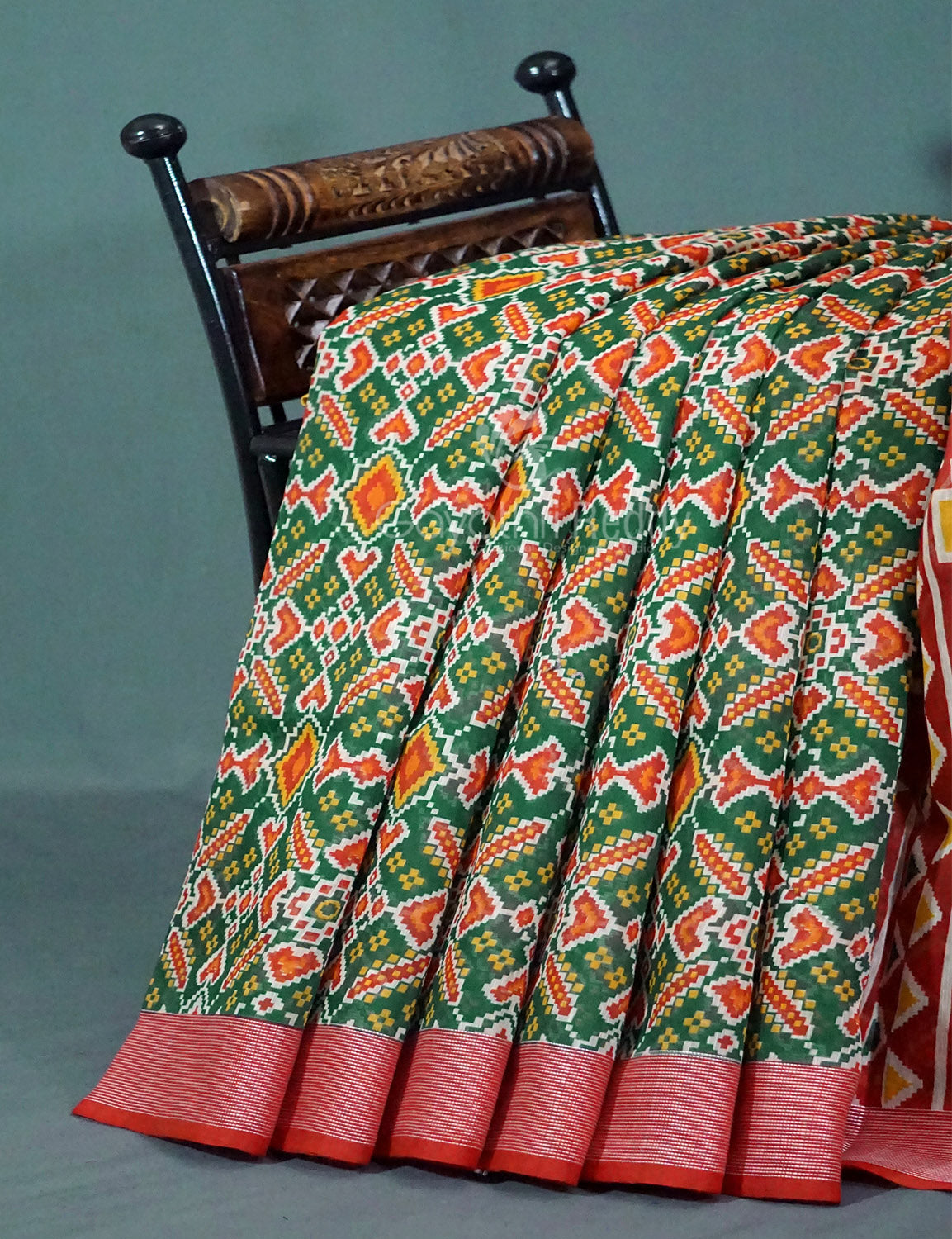 Shades of Navy Parrot Green Colour Patola Print Semi Chanderi Saree By Gayathri Reddy Designer Studio | Swadesiicart