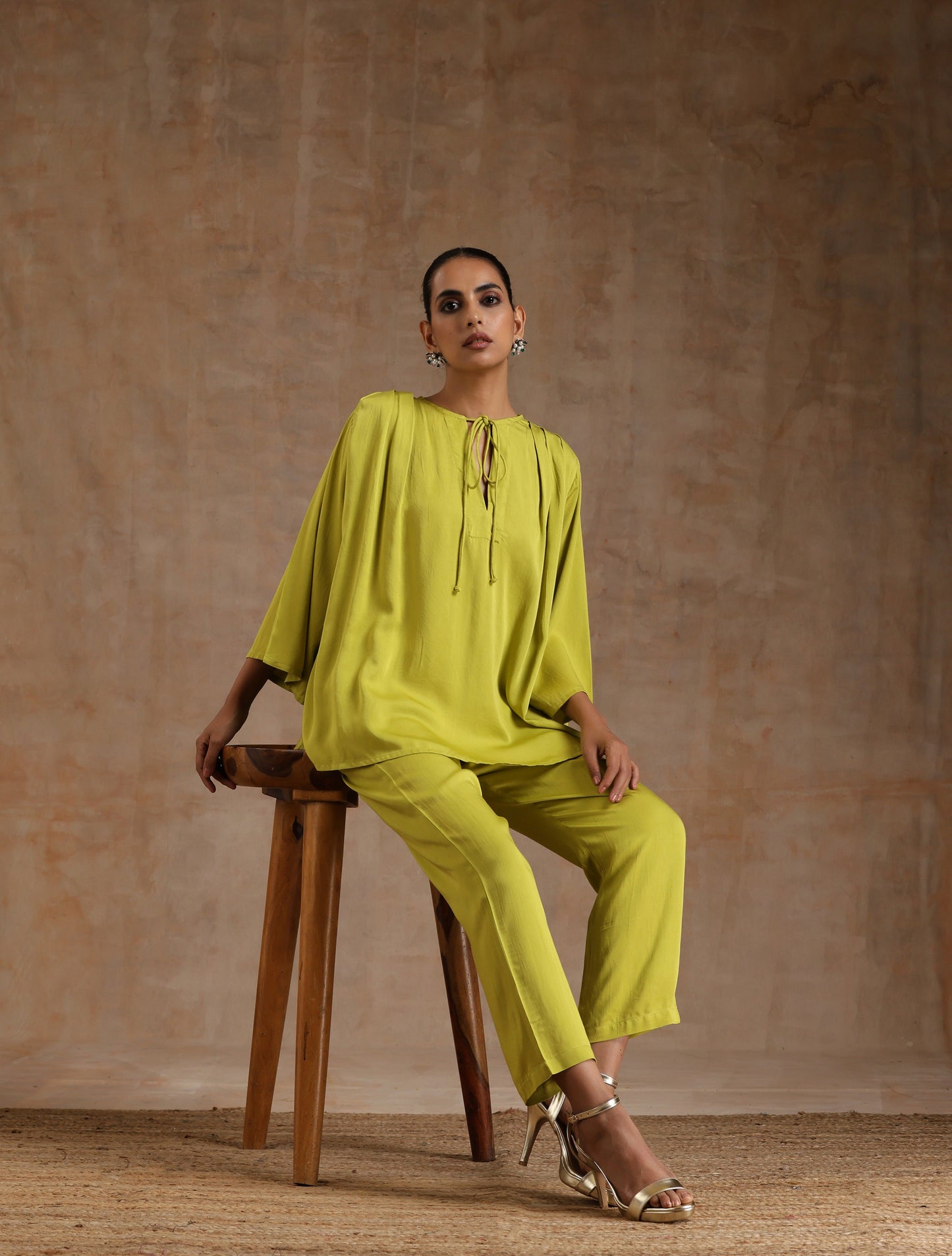 trueBrowns Lime Modal Satin Shoulder Pleat Co-Ord Set - Swadesiicart