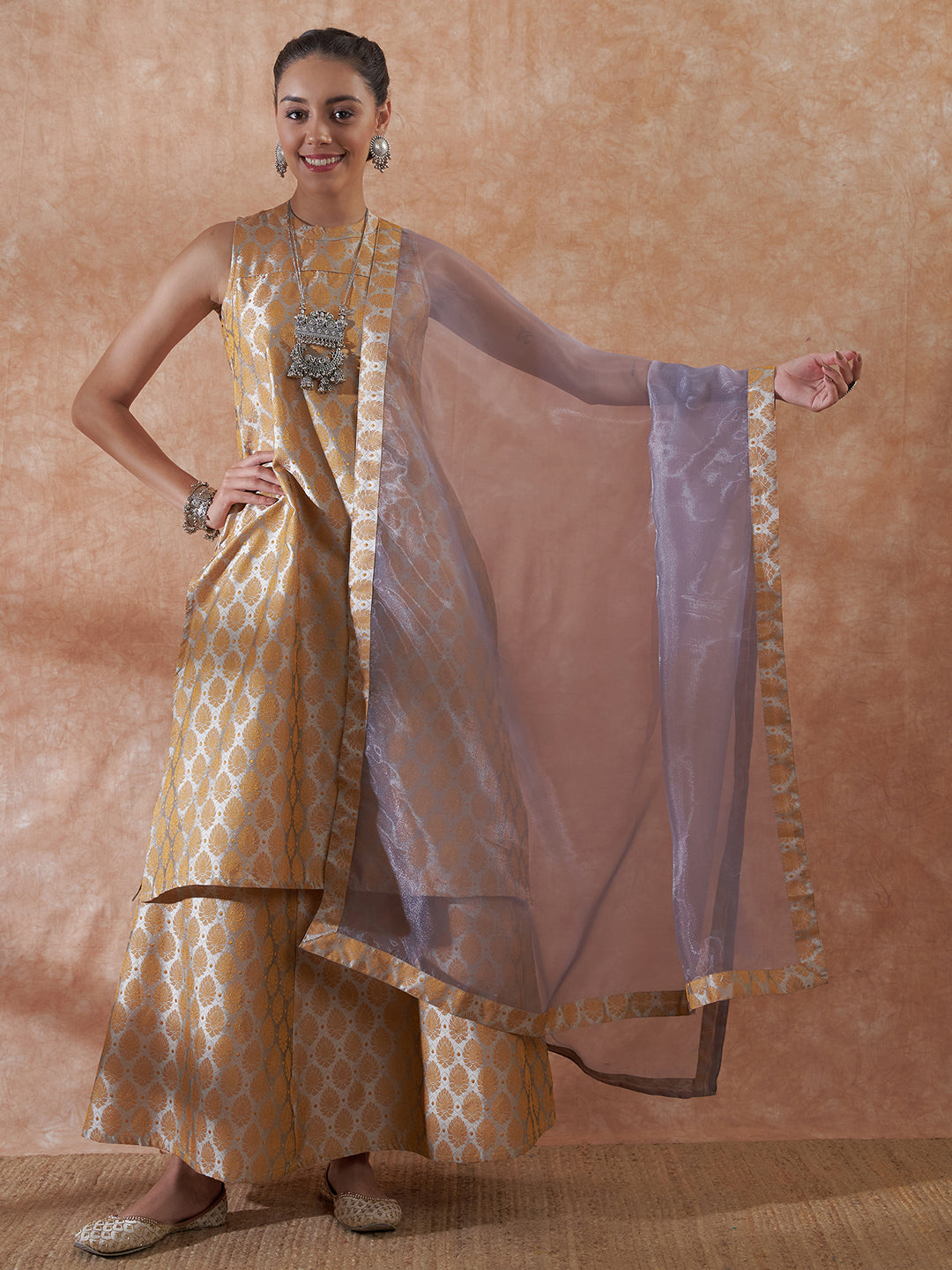 InWeave Women's Light Grey Jacquard Halter Kurta Set W Grey Or Dupatta - Swadesiicart