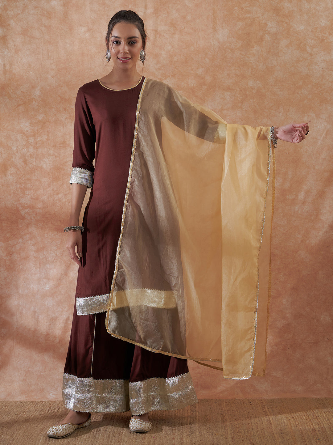 InWeave Women's Brown Gota Work Anarkali Kurta Set W Dupatta - Swadesiicart