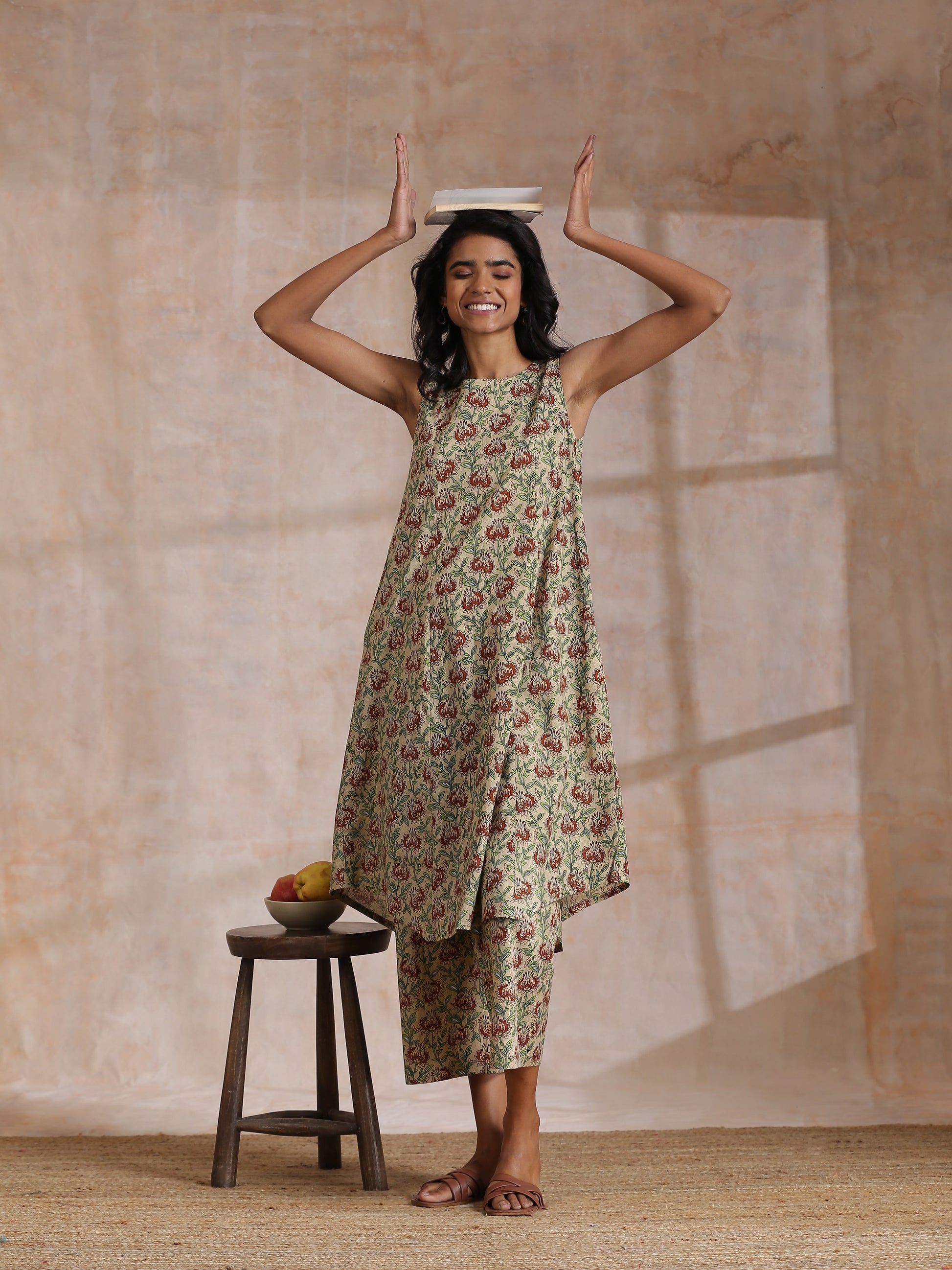 trueBrowns Beige Overall Brown Floral Block Print Cotton High-Low Co-Ord Set - Swadesiicart