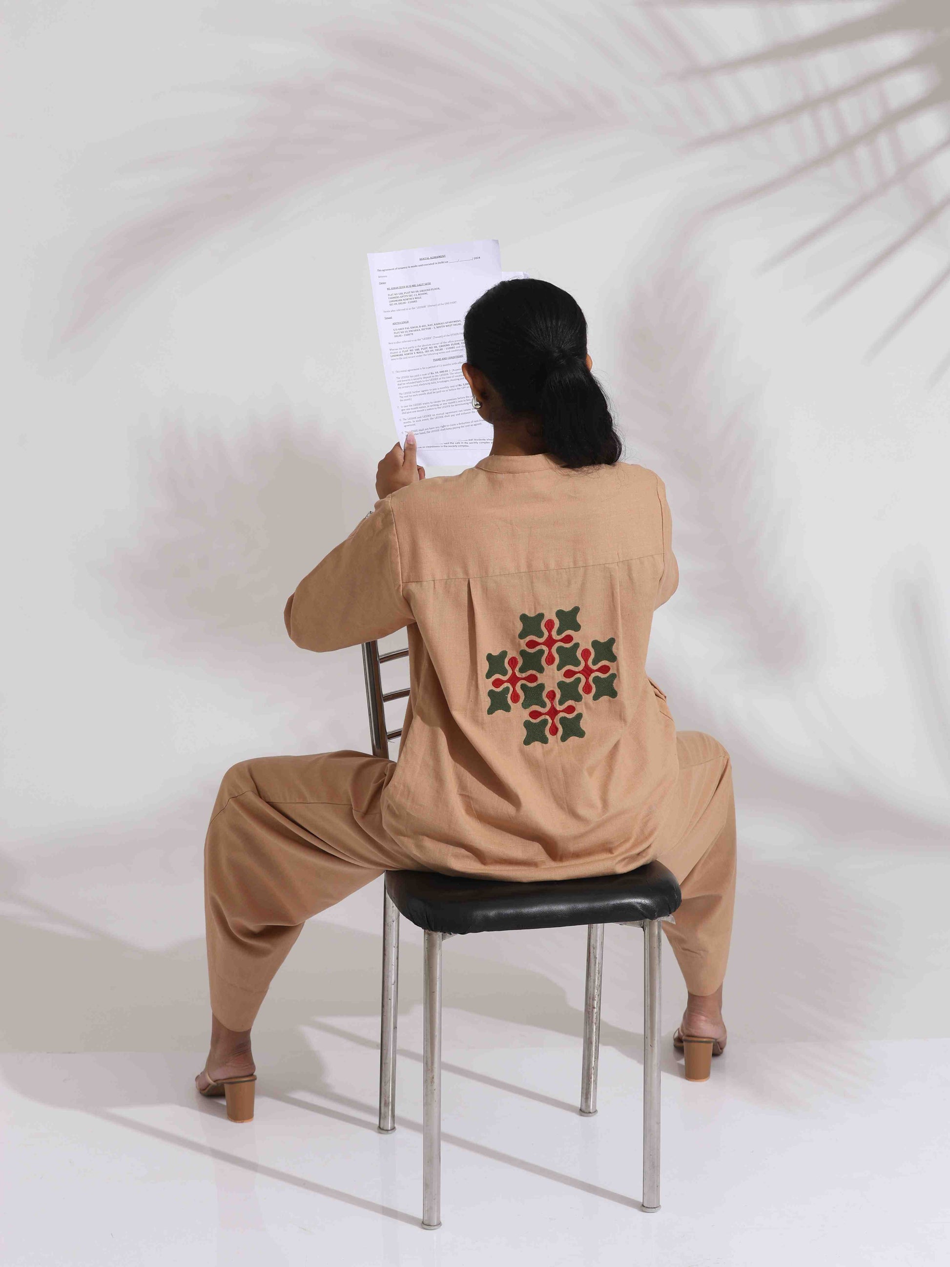 trueBrowns Beige Cotton Embroidered Shirt Top Co-ord Set - Swadesiicart