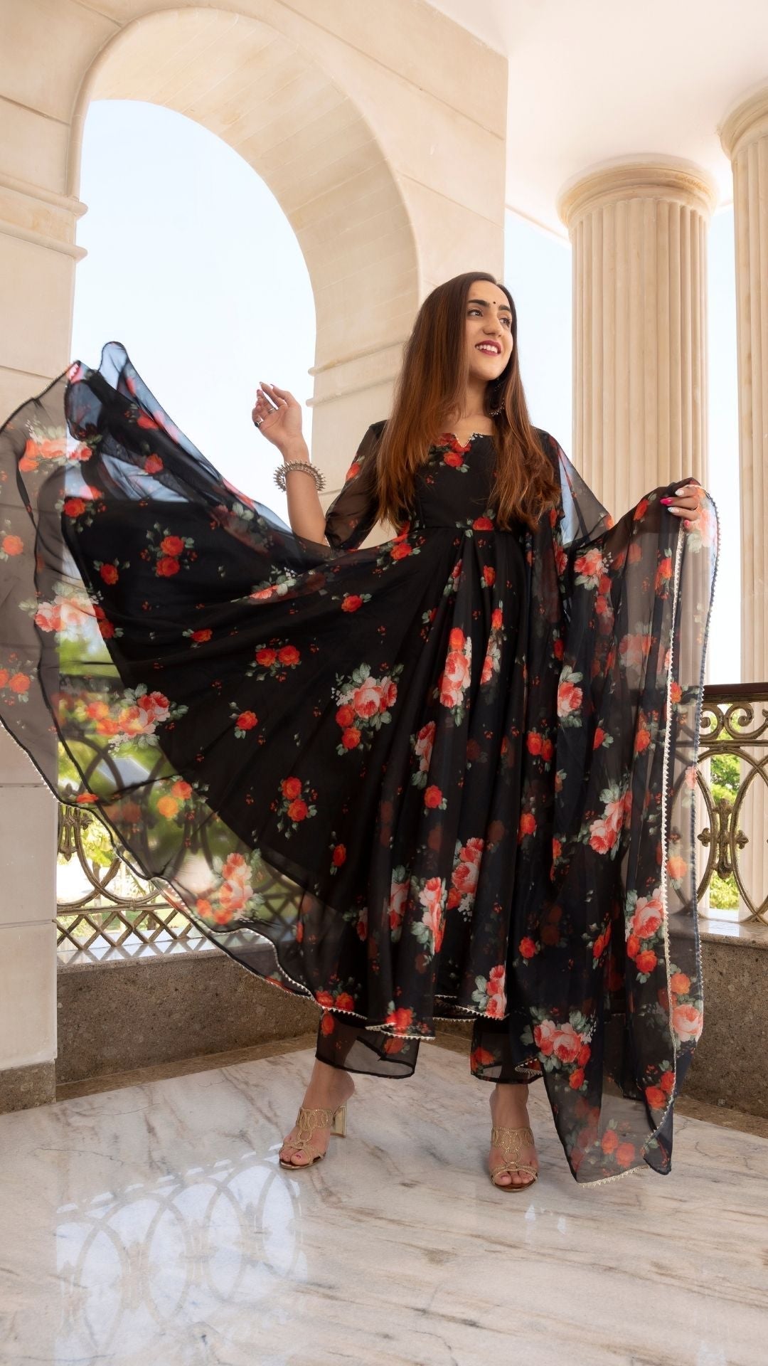 Pomcha Jaipur Red And Black Organza Anarkali Set | Swadesiicart