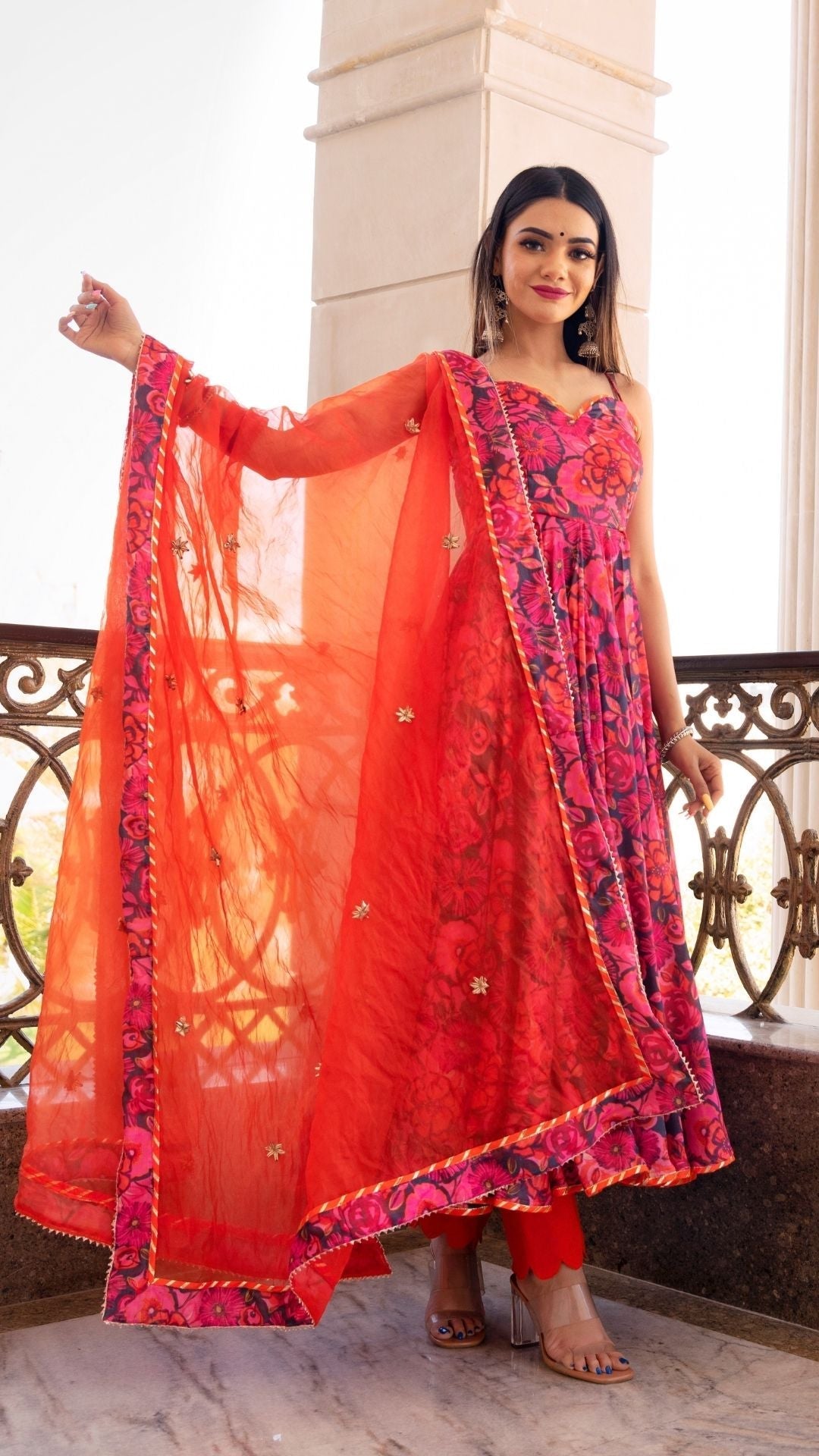 Pomcha Jaipur Tara Orange Printed Anarkali Set | Swadesiicart