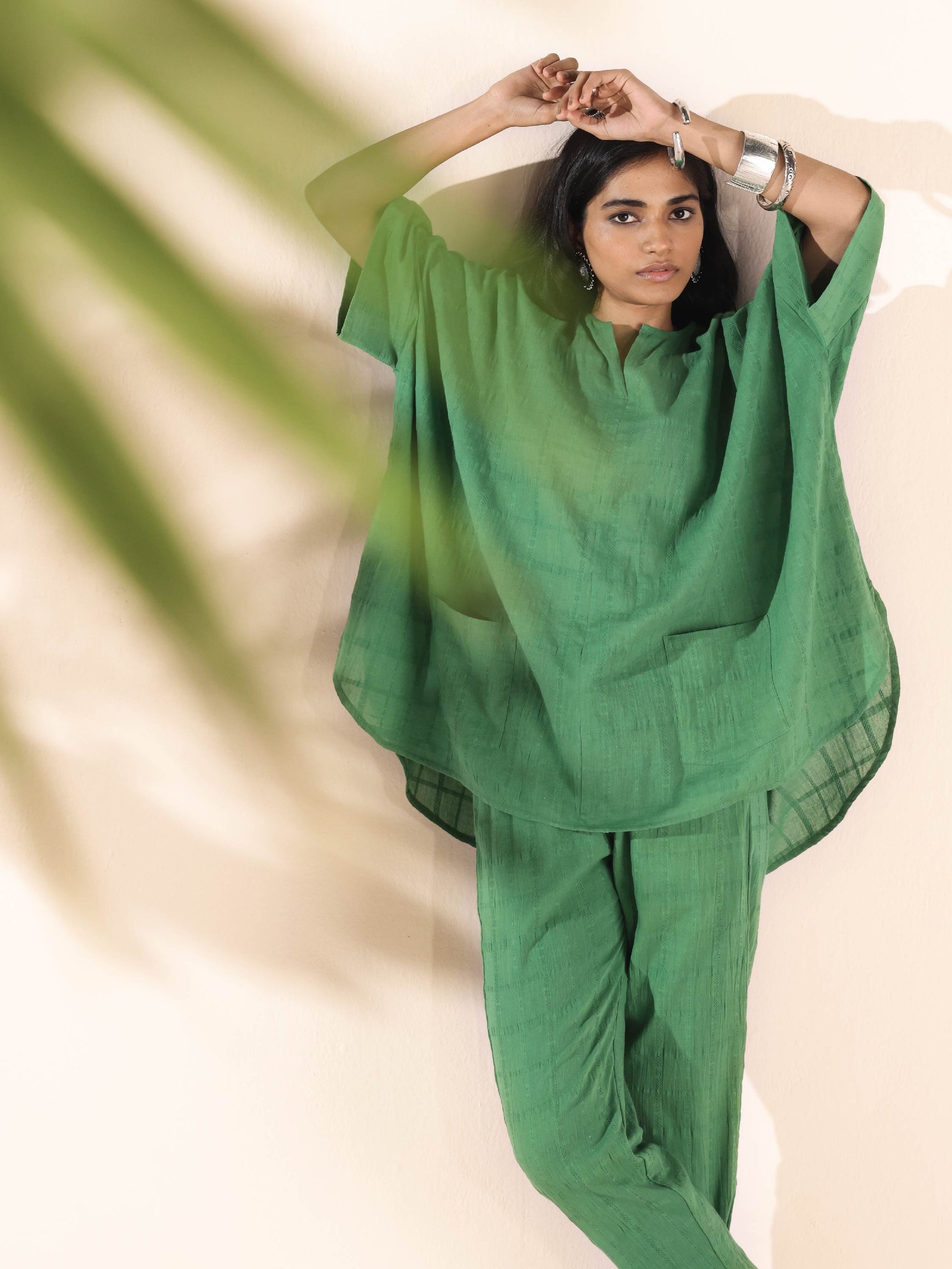 trueBrowns Green Cotton Dobby Oversized Co-ord Set - Swadesiicart