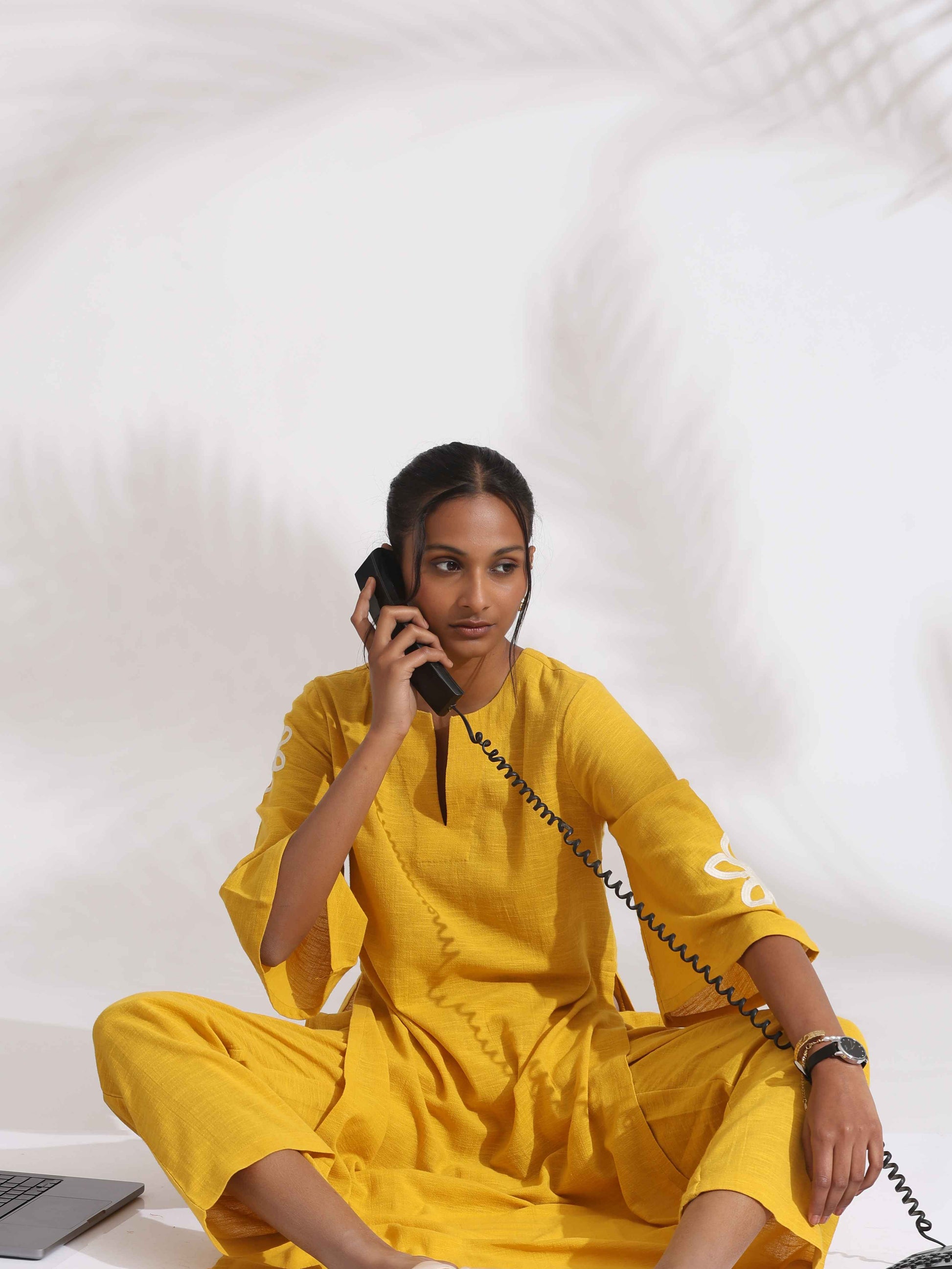 trueBrowns Yellow Cotton Slub Embroidered Straight Kurta Set | Swadesiicart