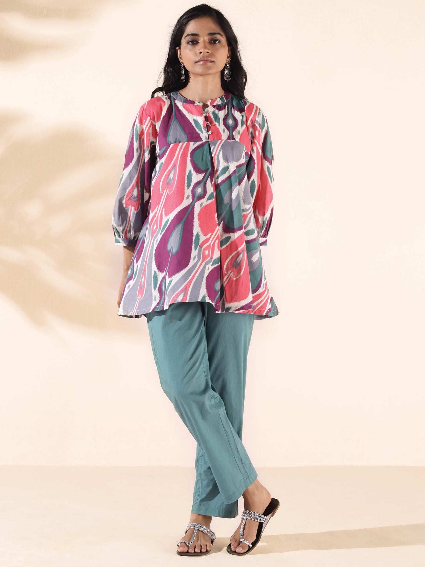 trueBrowns Green Cotton Ikat Flared Co-ord Set - Swadesiicart