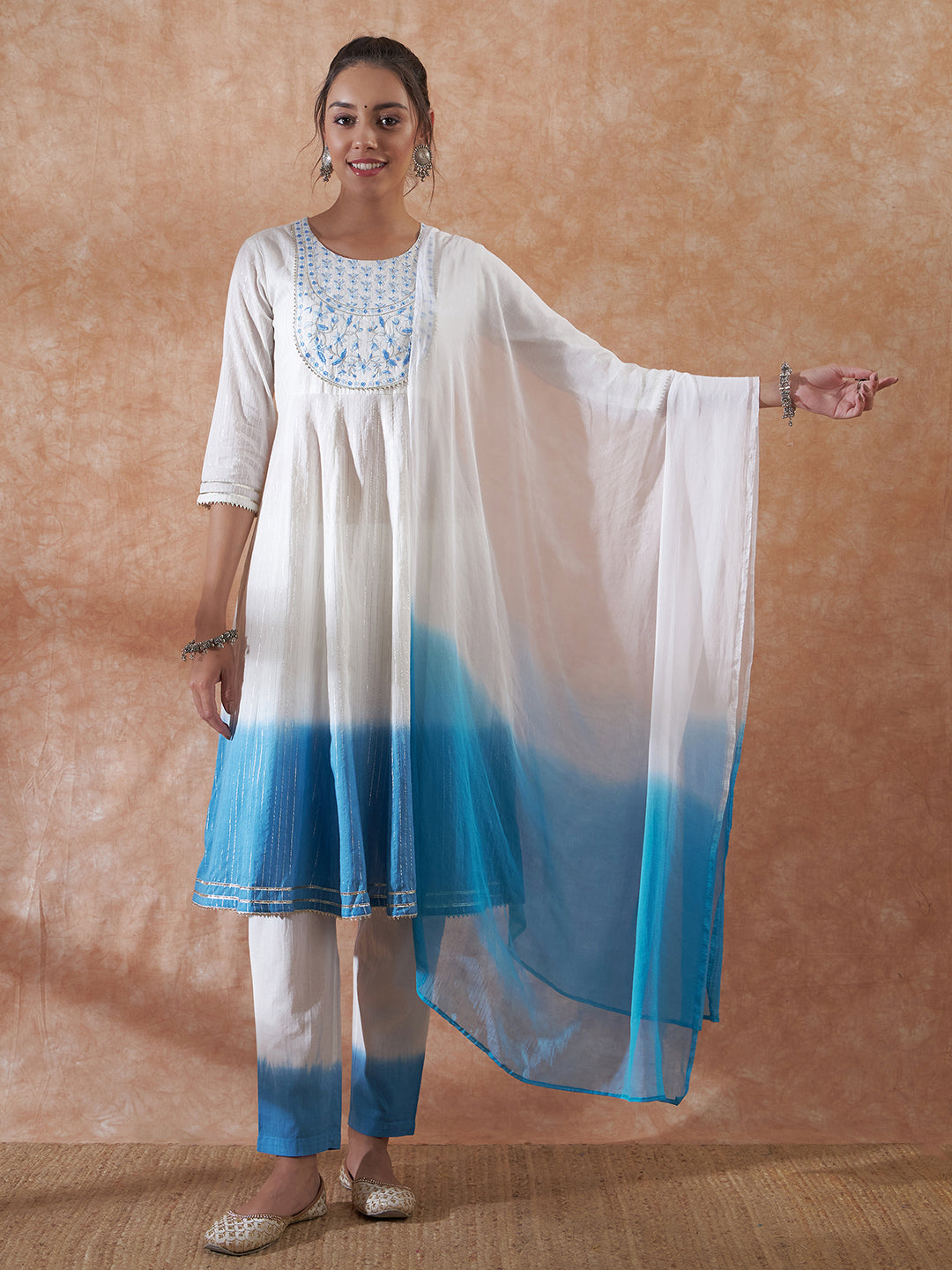 InWeave Women's White Lurex Blue Dye Patch Gota Anarkali Kurta Set W Dupatta - Swadesiicart