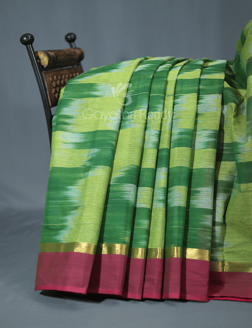 Dual Shades of Parrot Green And Mango Green Mangalagiri Ikkat Cotton Saree By Gayathri Reddy Designer Studio | Swadesiicart