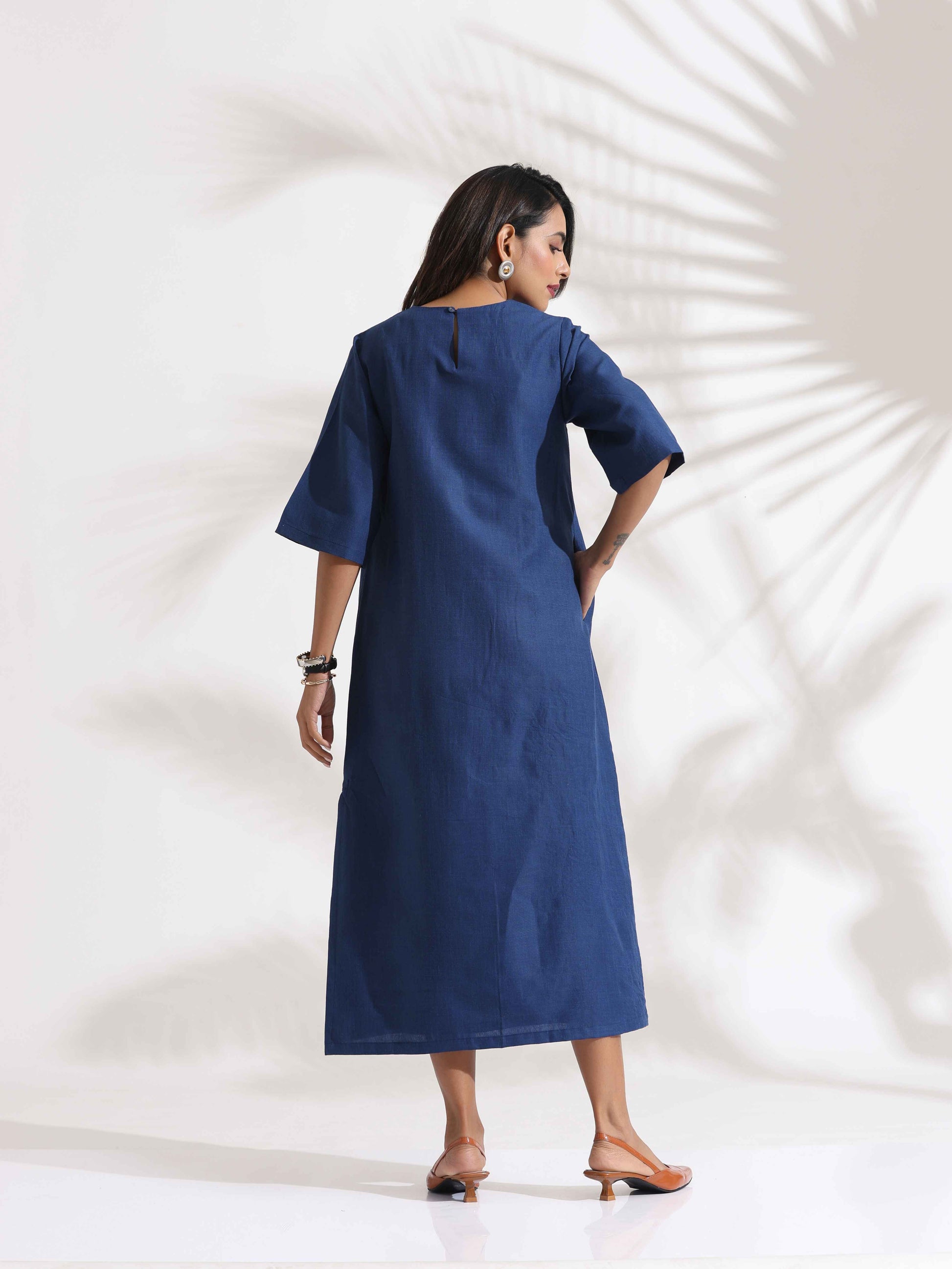 trueBrowns Blue Slub Dress | Swadesiicart