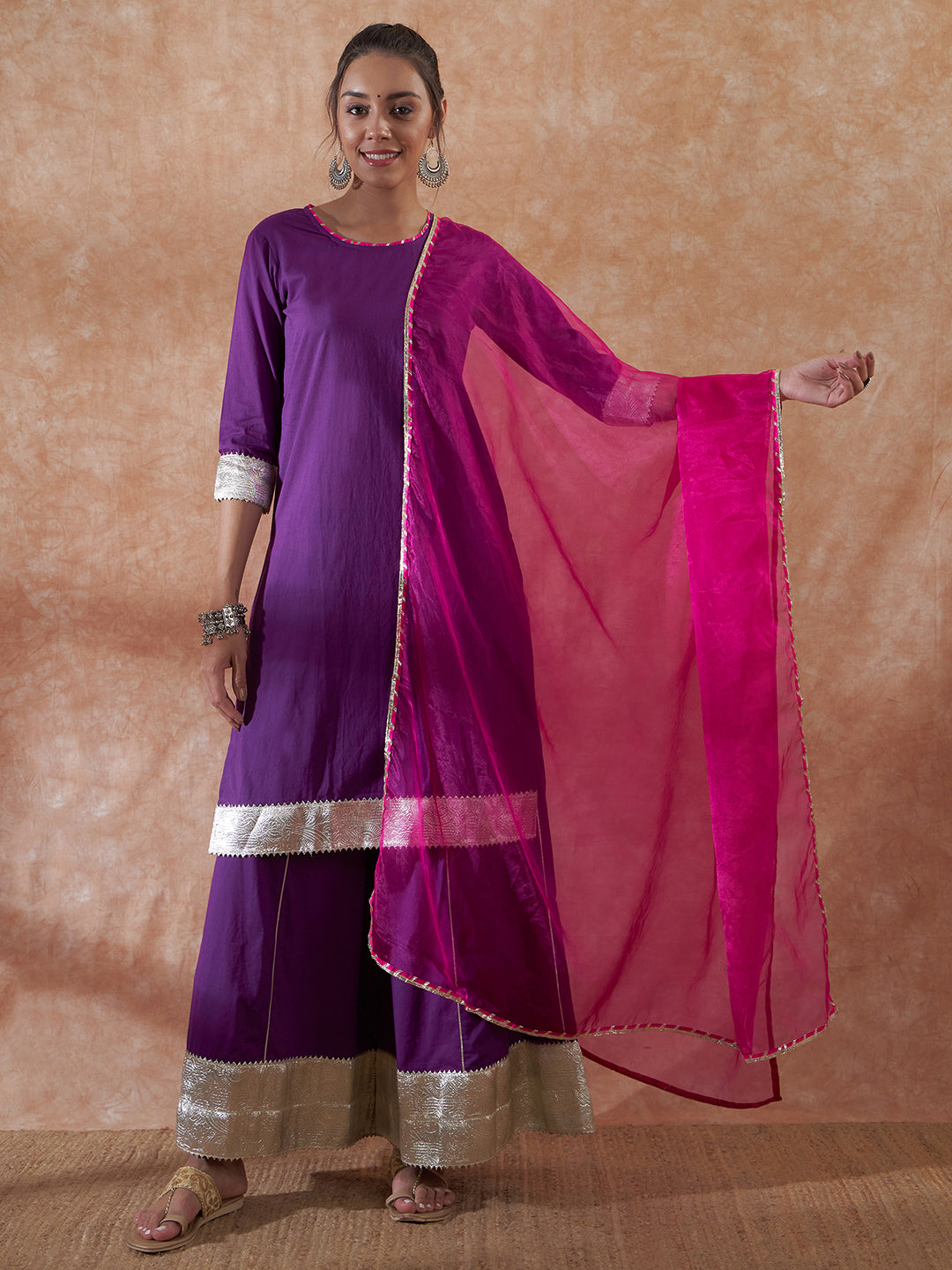 InWeave Women's Purple Gota Work Anarkali Kurta Set W Dupatta - Swadesiicart
