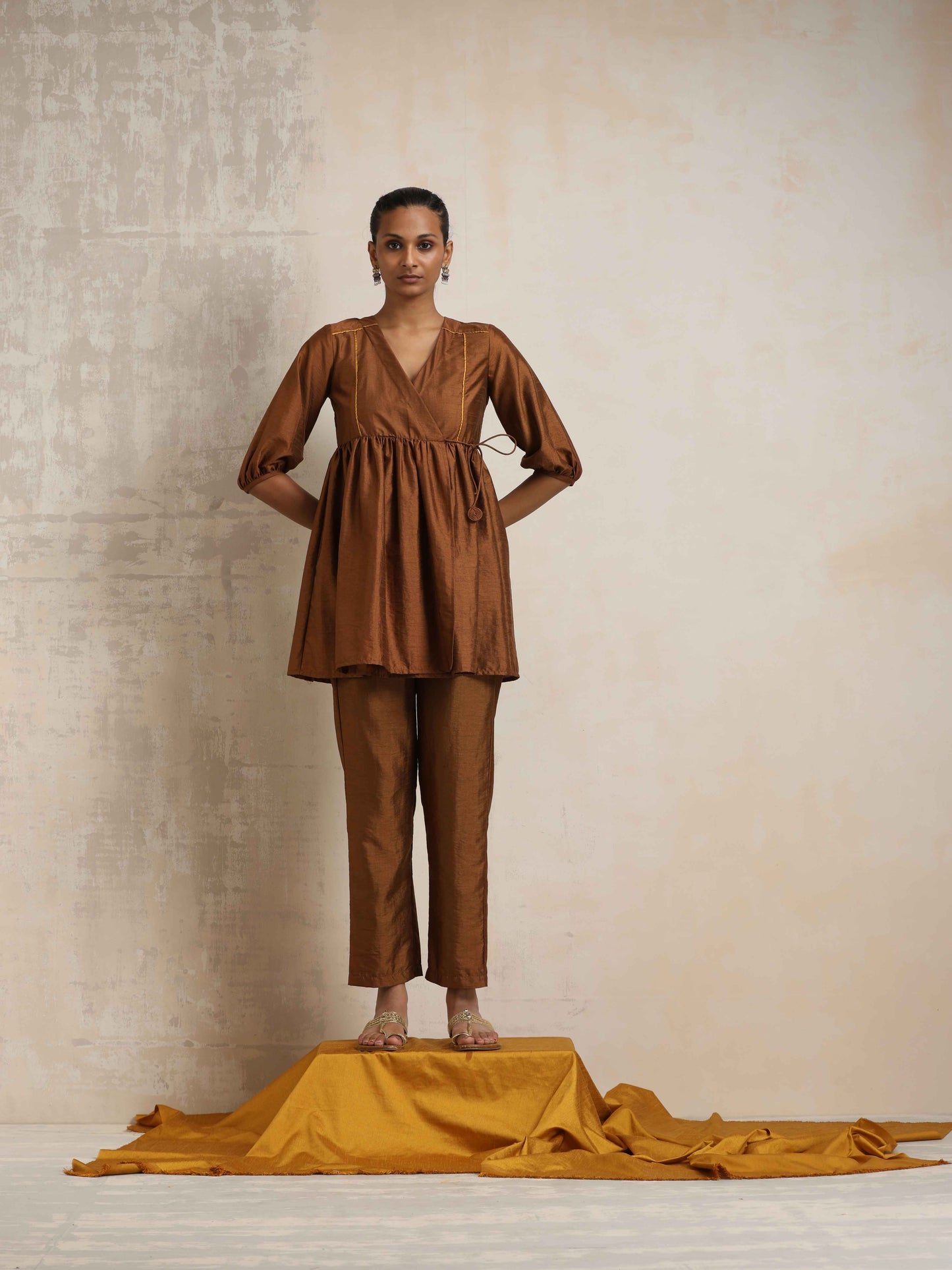 trueBrowns Brown Silk Angrakha Co-ord Set - Swadesiicart