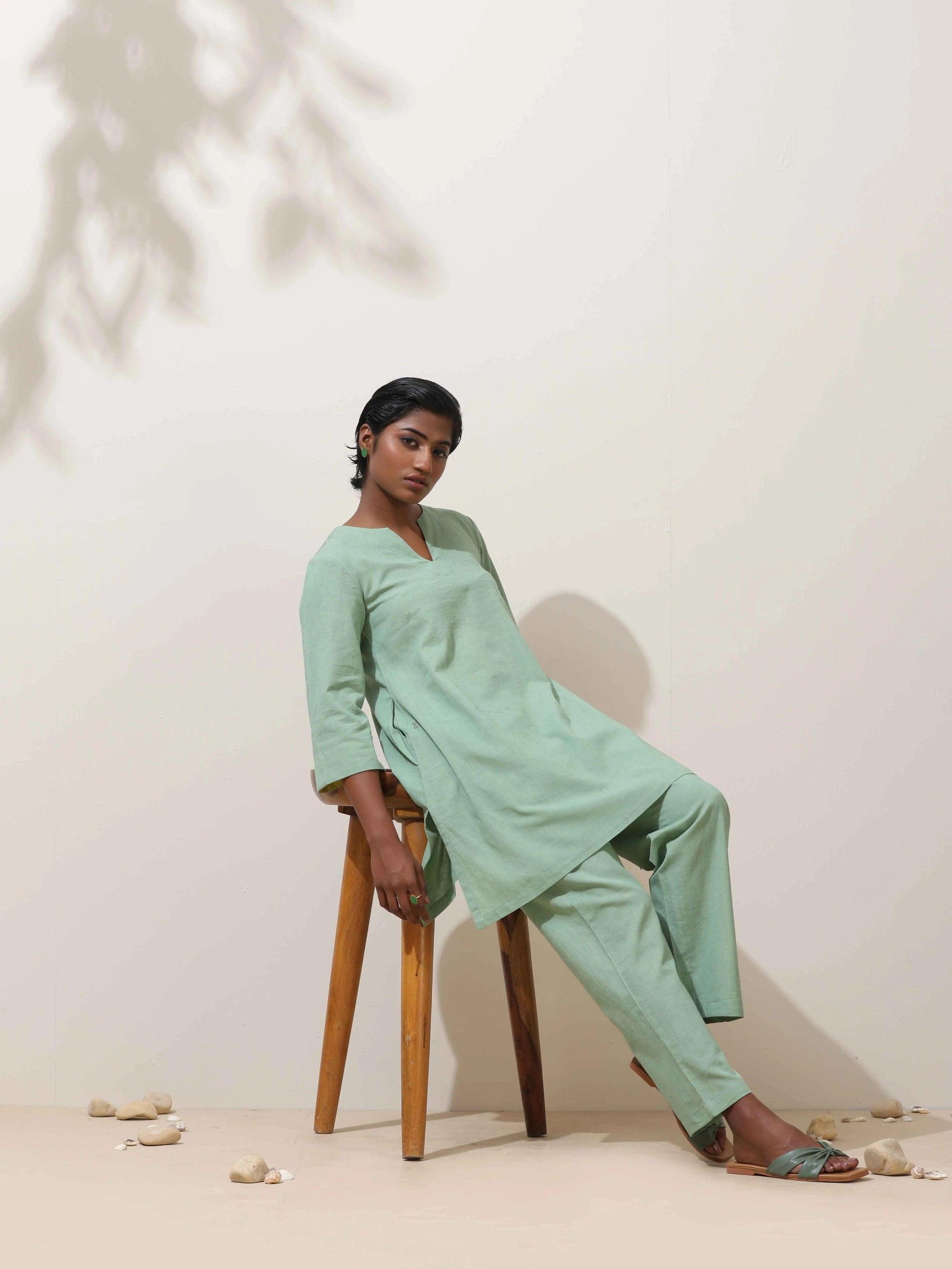 trueBrowns Mint Green Cotton Linen Kurta Co-Ord Set - Swadesiicart