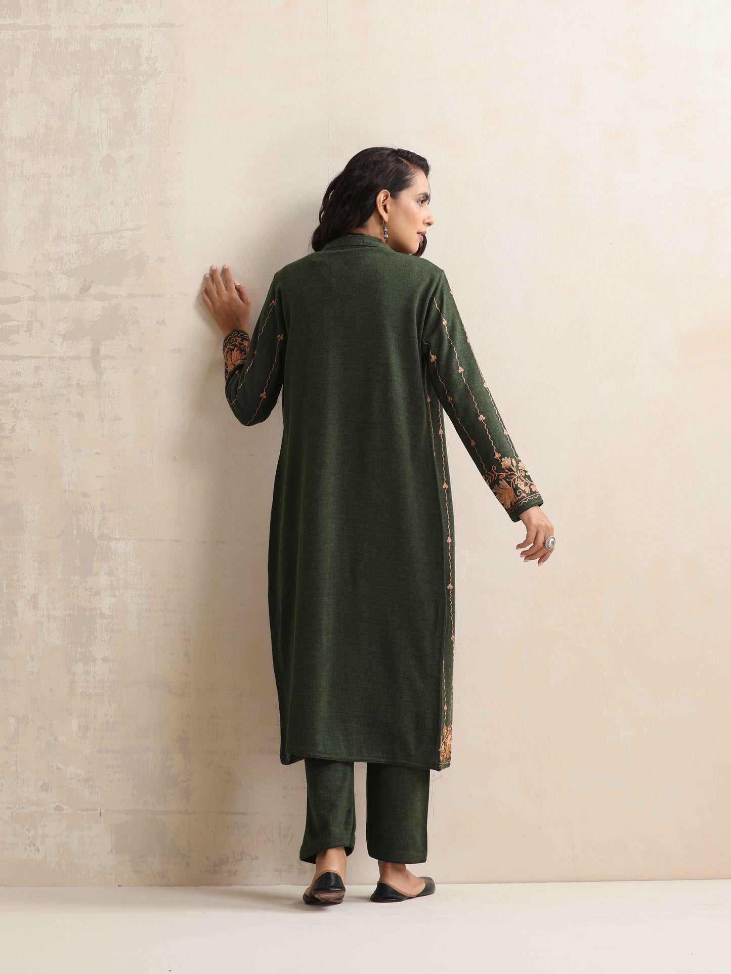 trueBrowns Green Kashmiri Woollen Jacket 3pc Set | Swadesiicart