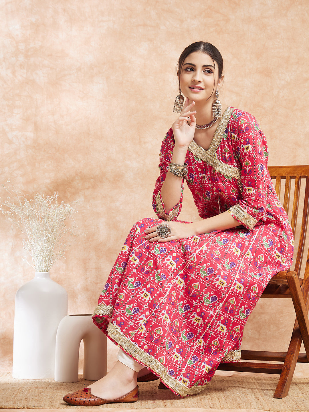 InWeave Women's Pink Patola Printed Gota Embroidered Anarkali Kurta - Swadesiicart