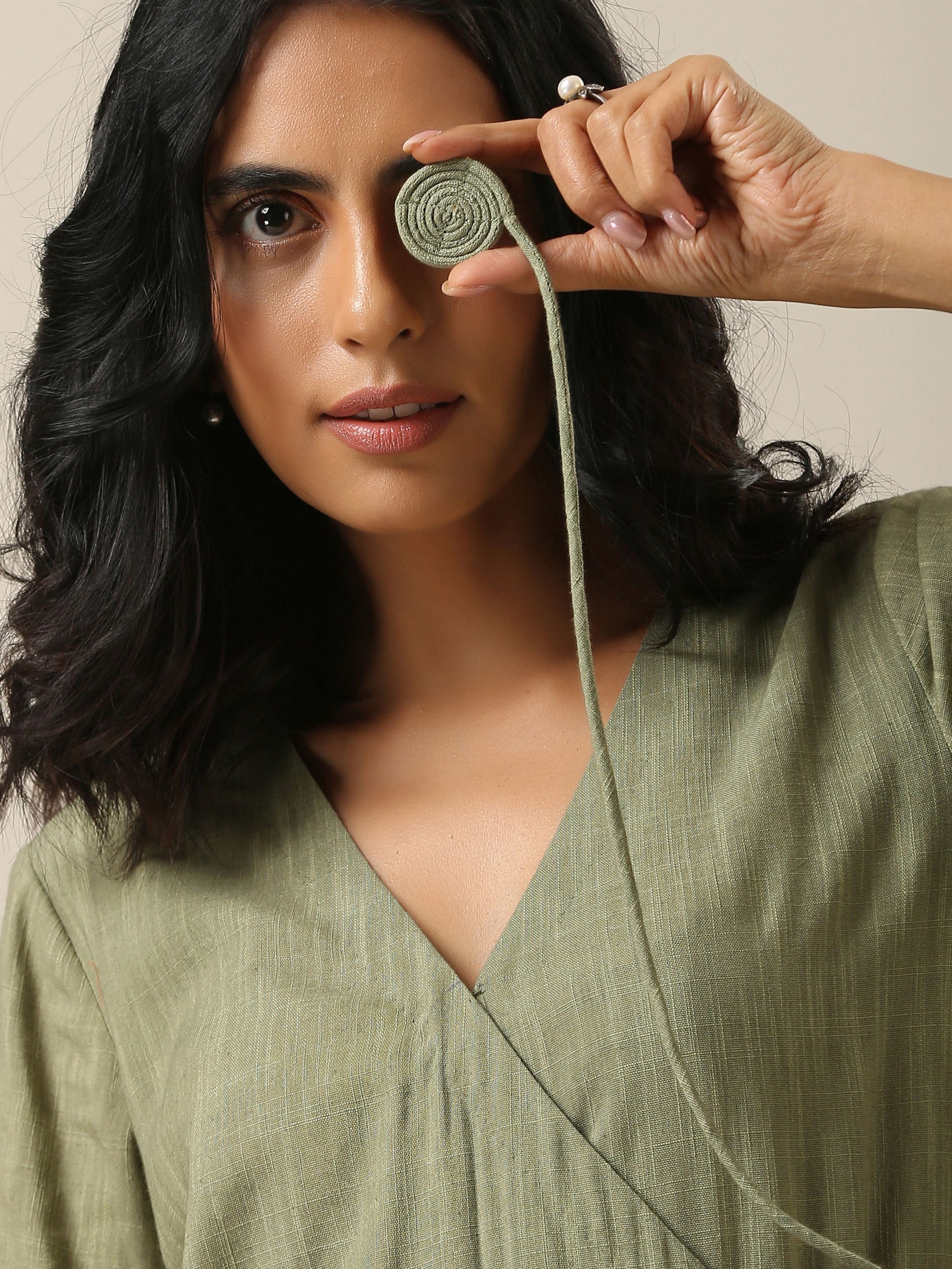 trueBrowns Sage Slub Texture Angrakha Pant Set | Relove | Swadesiicart