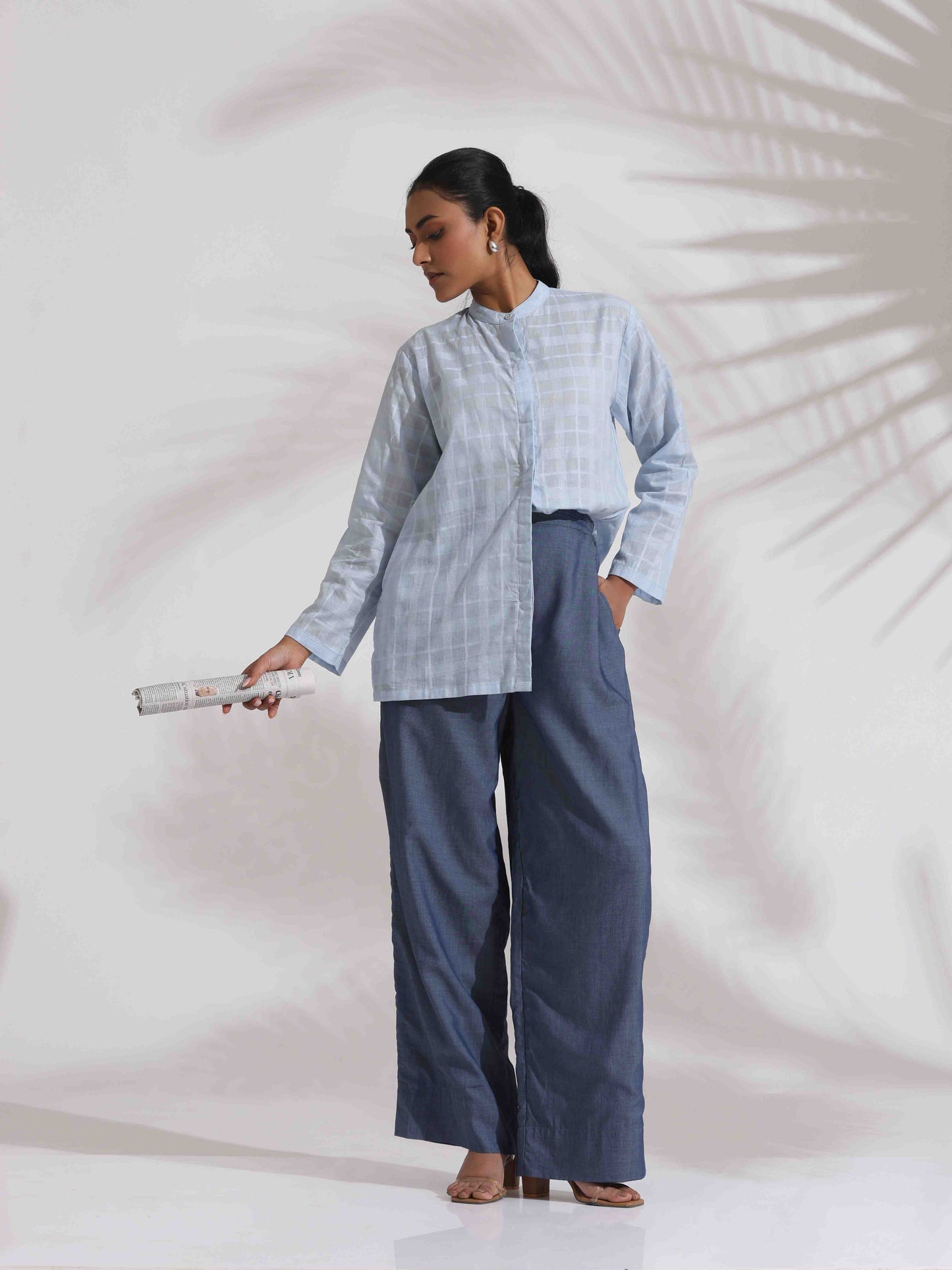 trueBrowns Blue Cotton Check Shirt Top Co-ord Set - Swadesiicart