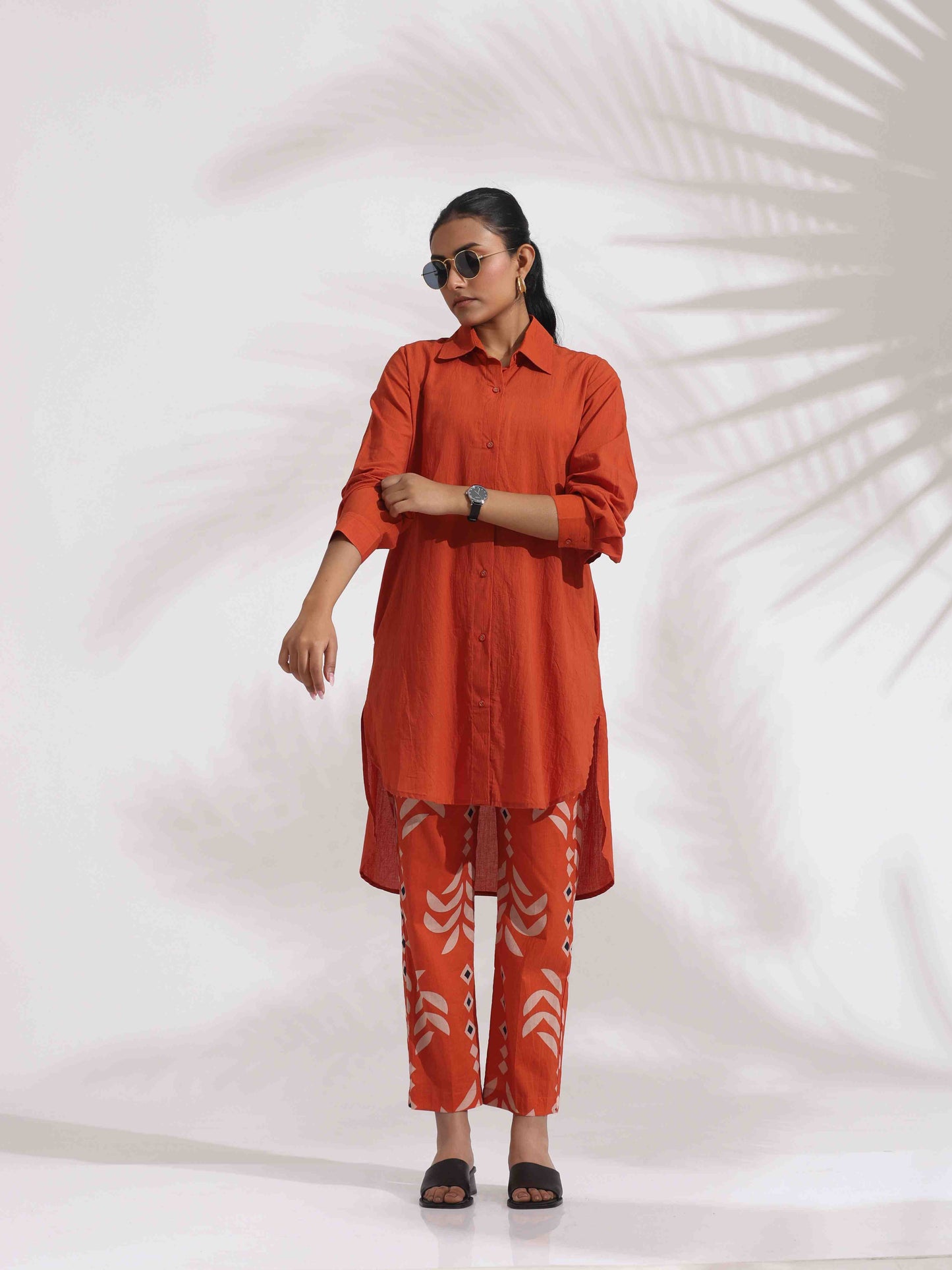 trueBrowns Orange Cotton Solid Shirt Kurta Co-ord Set - Swadesiicart