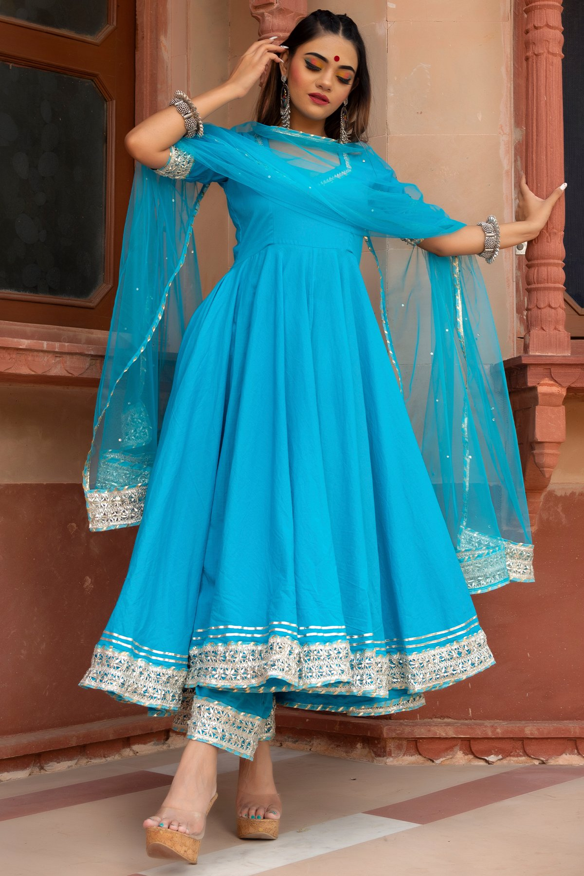 Pomcha Jaipur Kalamkari Blue Pure Cotton Anarkali Set | Swadesiicart