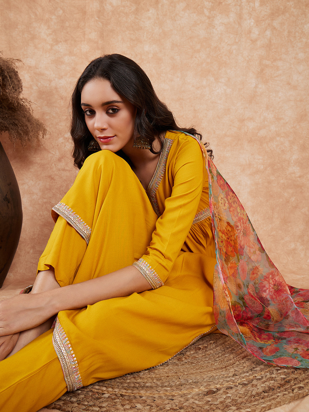 InWeave Women's Mustard Alia Neck Style Gota Set W Organza Dupatta - Swadesiicart