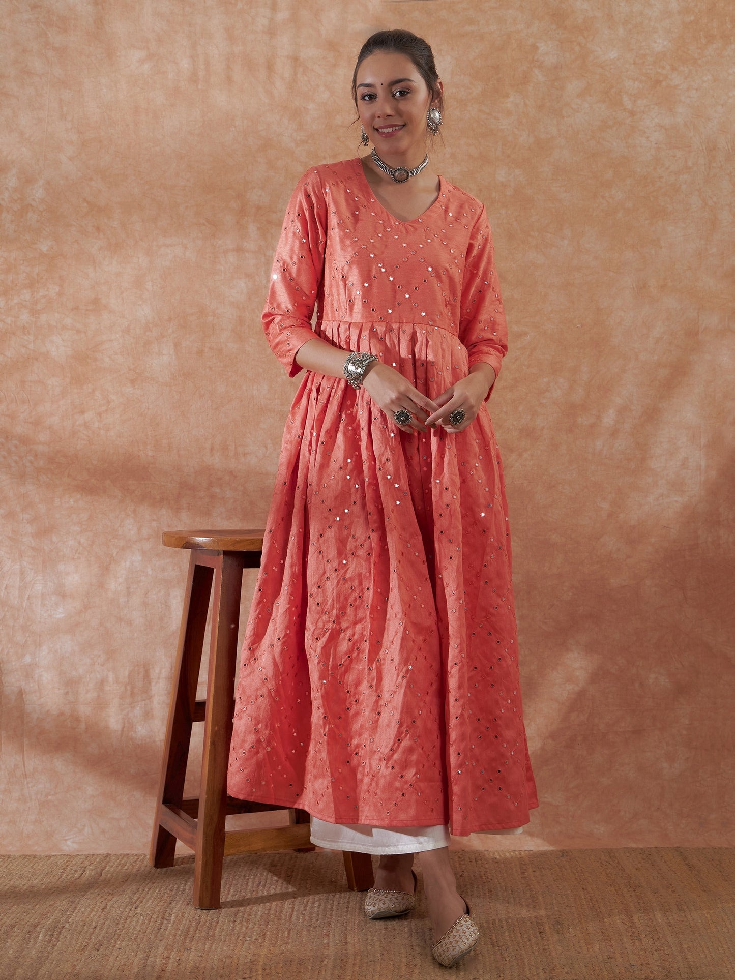 InWeave Women's Peach Mirror Work Long Anarkali Kurta - Swadesiicart