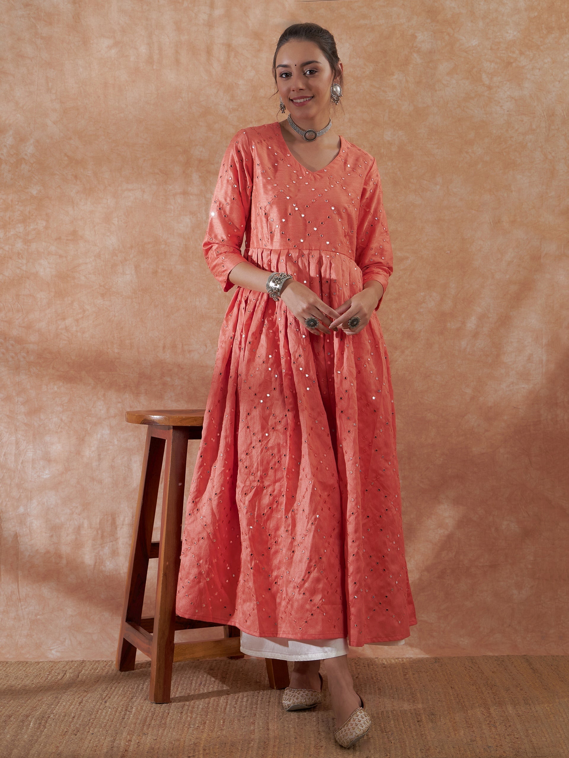 InWeave Women's Peach Mirror Work Long Anarkali Kurta - Swadesiicart