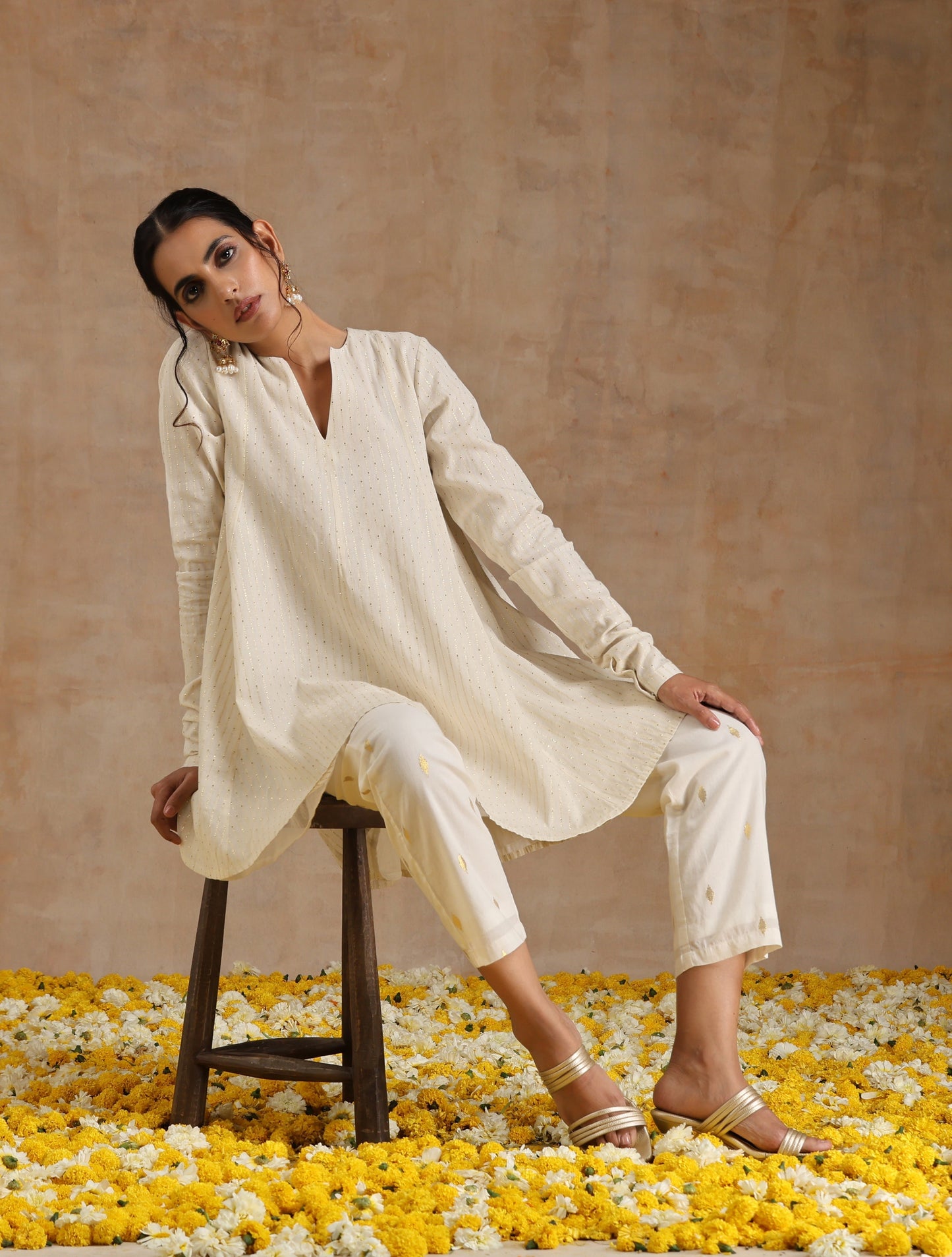 trueBrowns Ivory Gold Cotton Flared Co-Ord Set - Swadesiicart