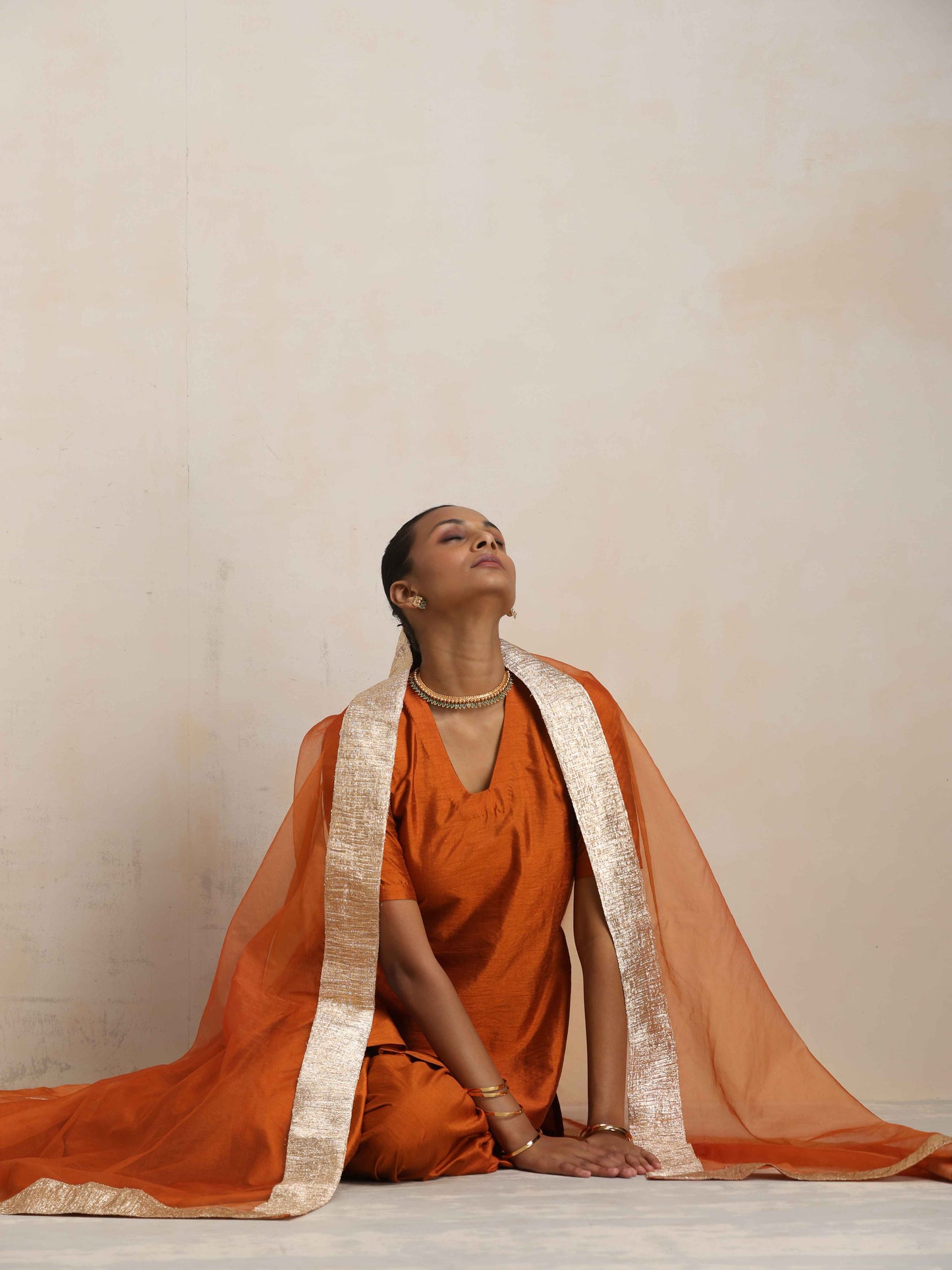 trueBrowns Orange Silk Sharara Dupatta Set | Swadesiicart