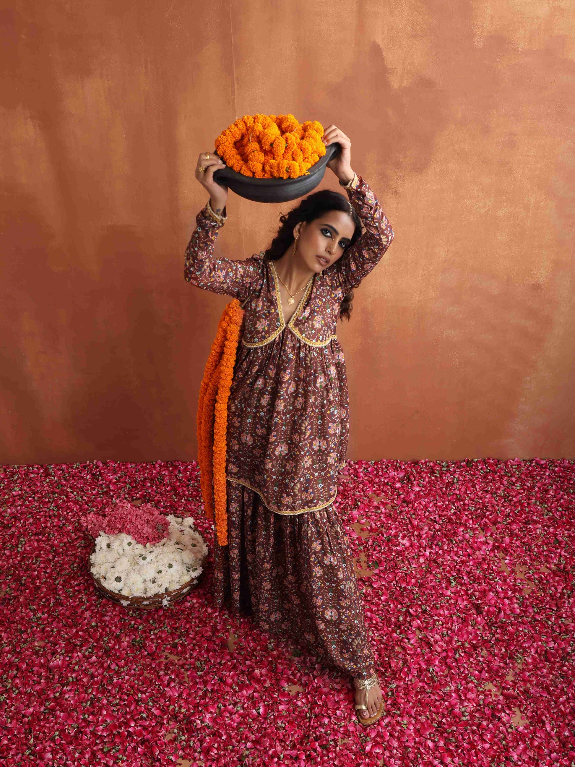 trueBrowns Brown Print Sharara Set | Swadesiicart