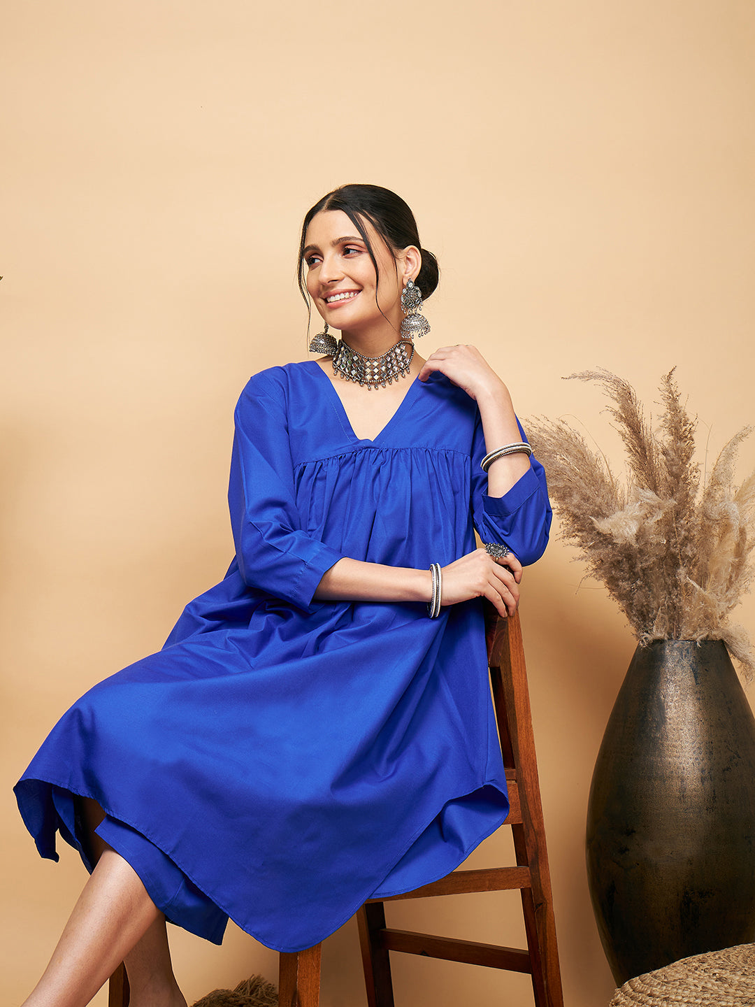 InWeave Women's Ink Blue Flared Kurta Palazzo Set - Swadesiicart
