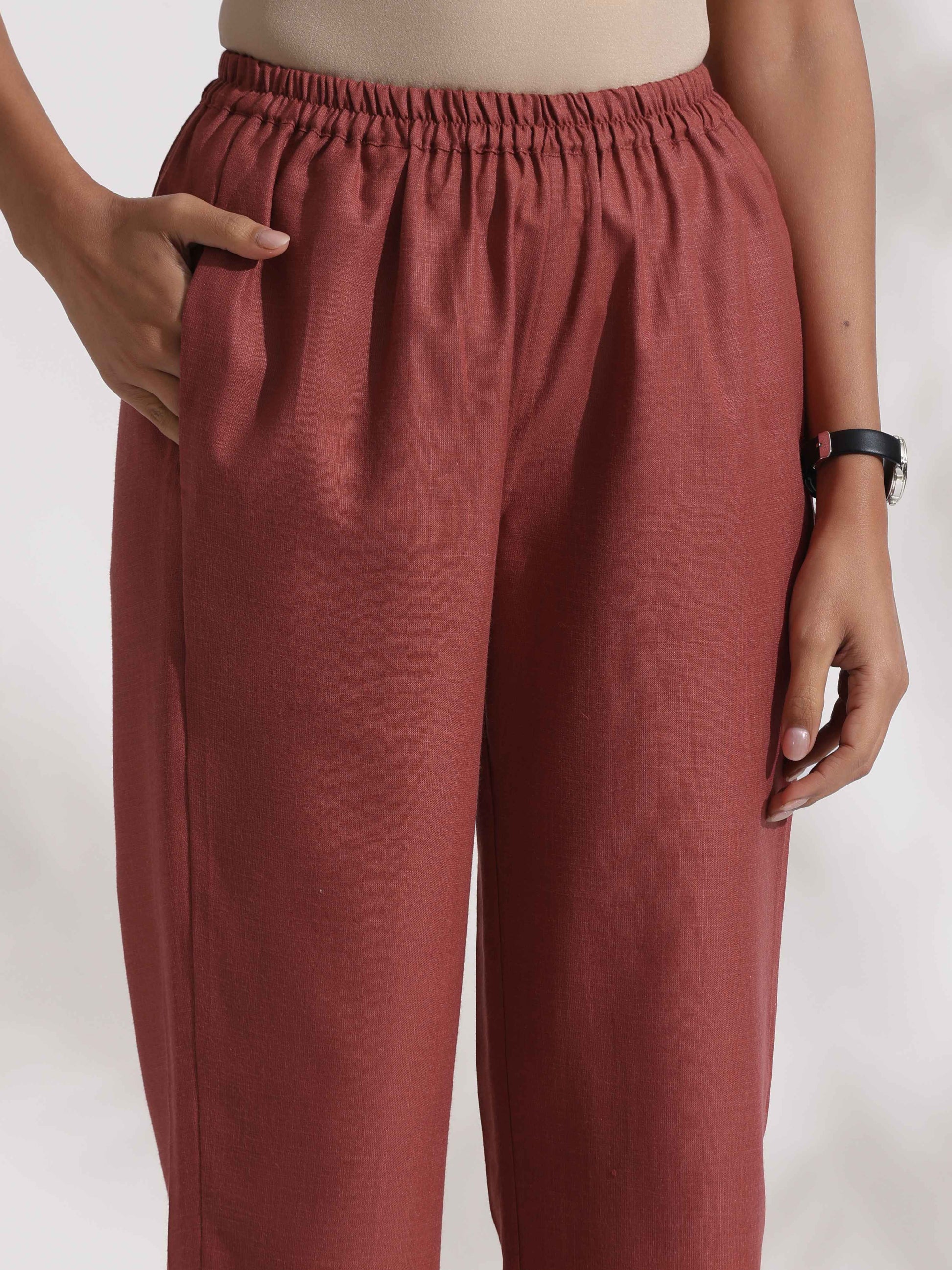 trueBrowns Brown Slub Highslit Kurta Set | Swadesiicart