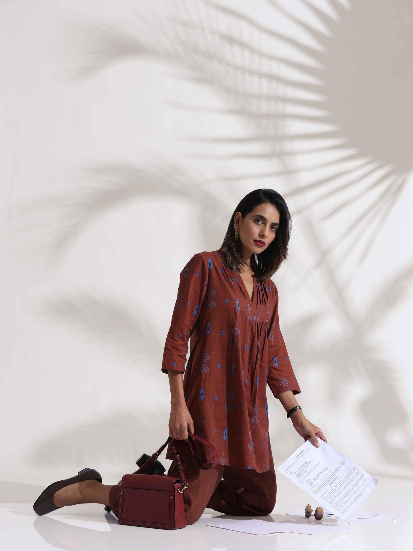 trueBrowns Brown Cotton Print Pleated Top & Pants Co-ord Set - Swadesiicart