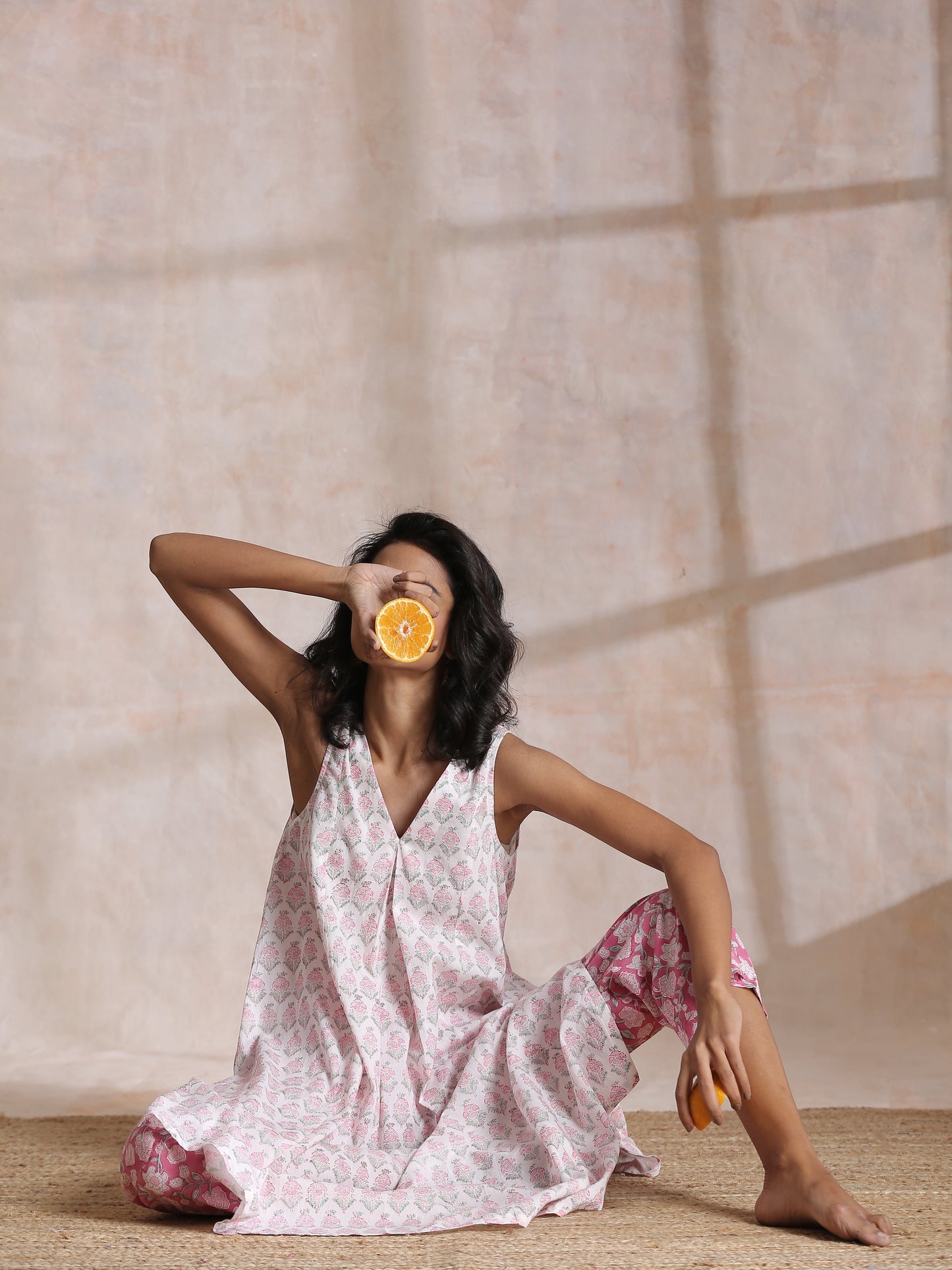 trueBrowns Pink Green Floral On White Block Print Cotton Sleeveless Flared Kurta Pant Set | Swadesiicart