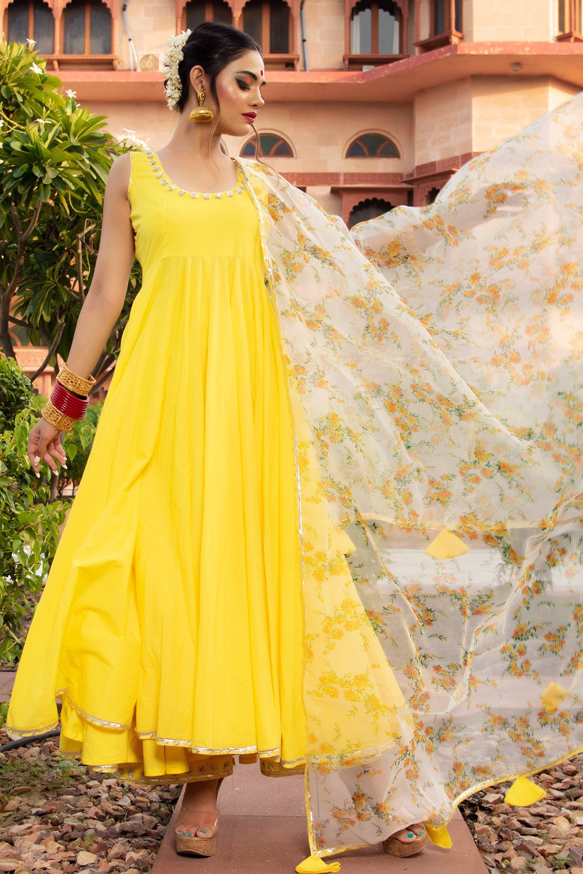Pomcha Jaipur Yellow Berry Cotton Anarkali Set | Swadesiicart