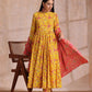 trueBrowns Sunshine Yellow Overall Floral Block Print Cotton Kurta Pant Dupatta Set | Swadesiicart