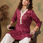 InWeave Women's Burgundy Maroon Print V Neck Lace Work Straight Kurta - Swadesiicart