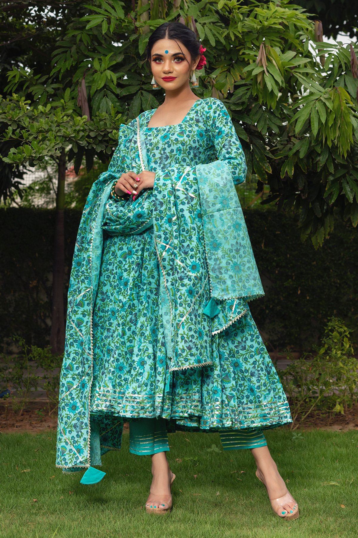 Pomcha Jaipur Morni Hand Block Cotton Anarkali Set | Swadesiicart
