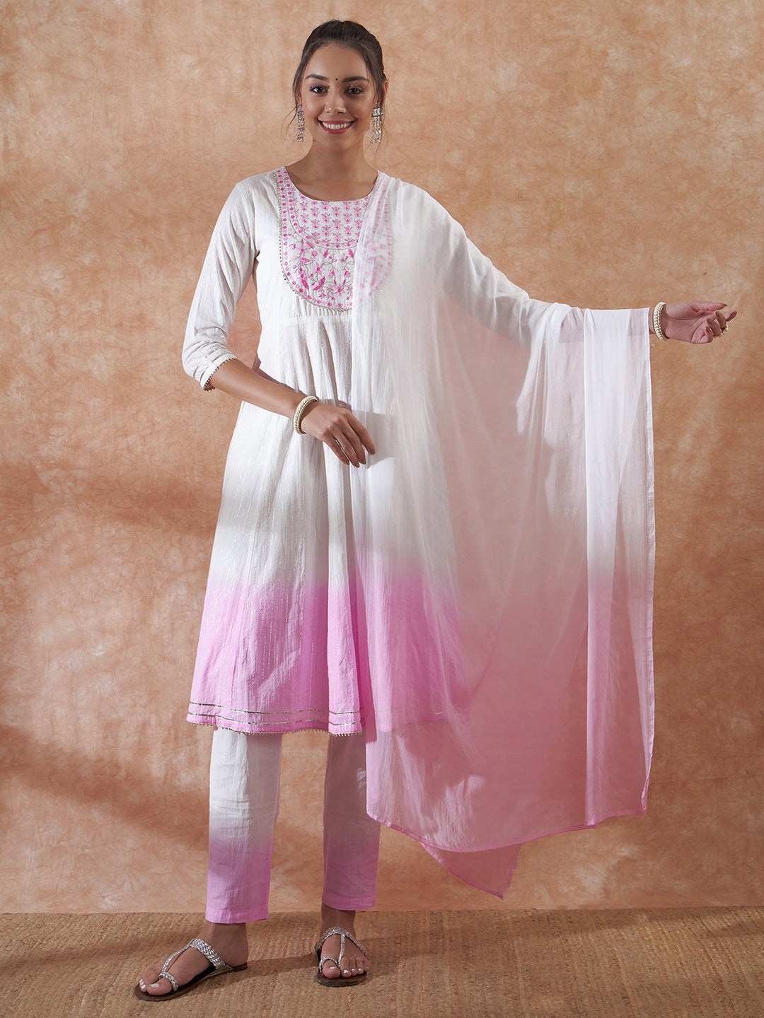 InWeave Women's White Lurex Pink Dye Patch Gota Anarkali Kurta Set W Dupatta - Swadesiicart
