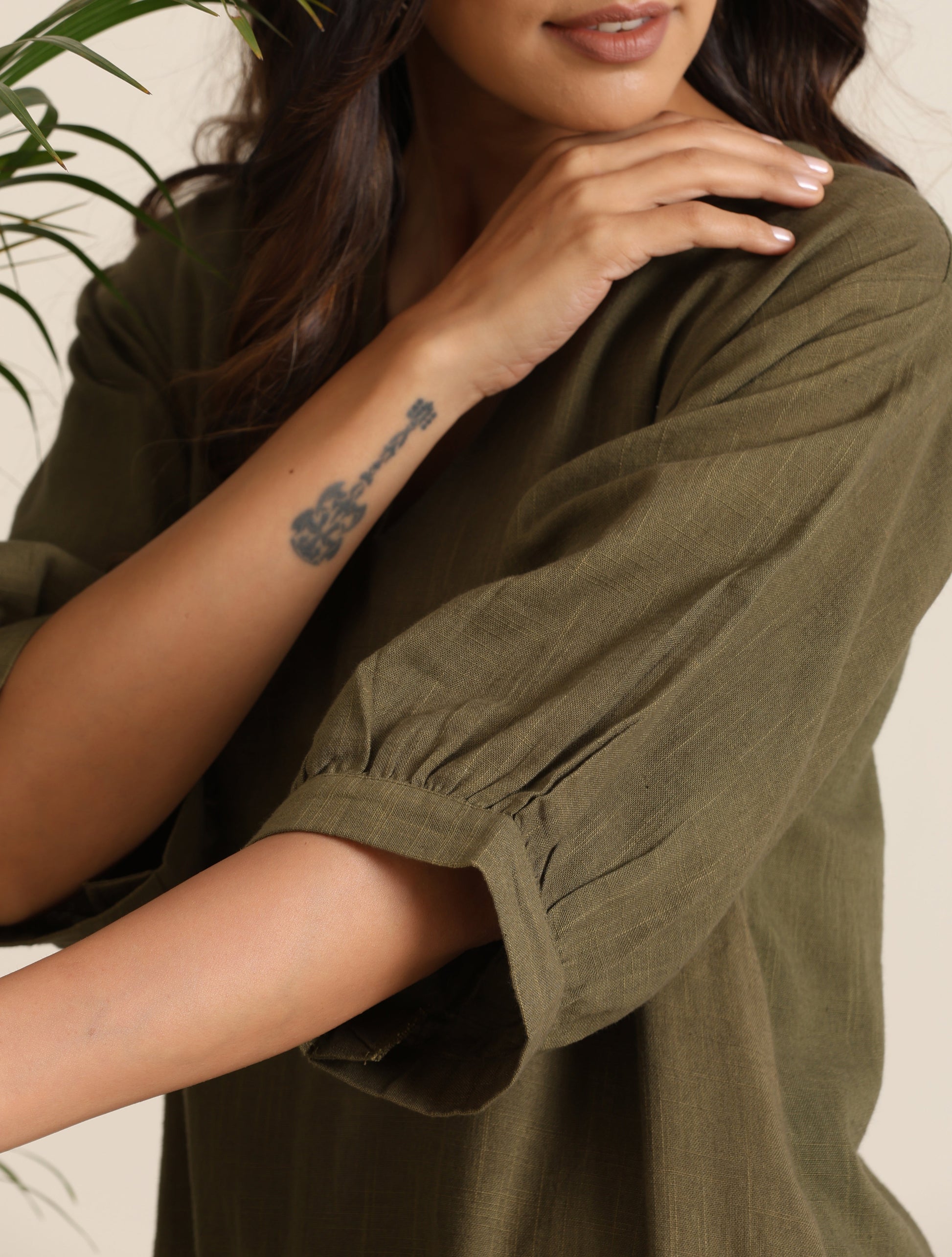 trueBrowns Olive Cotton Embroidered Dress | Swadesiicart
