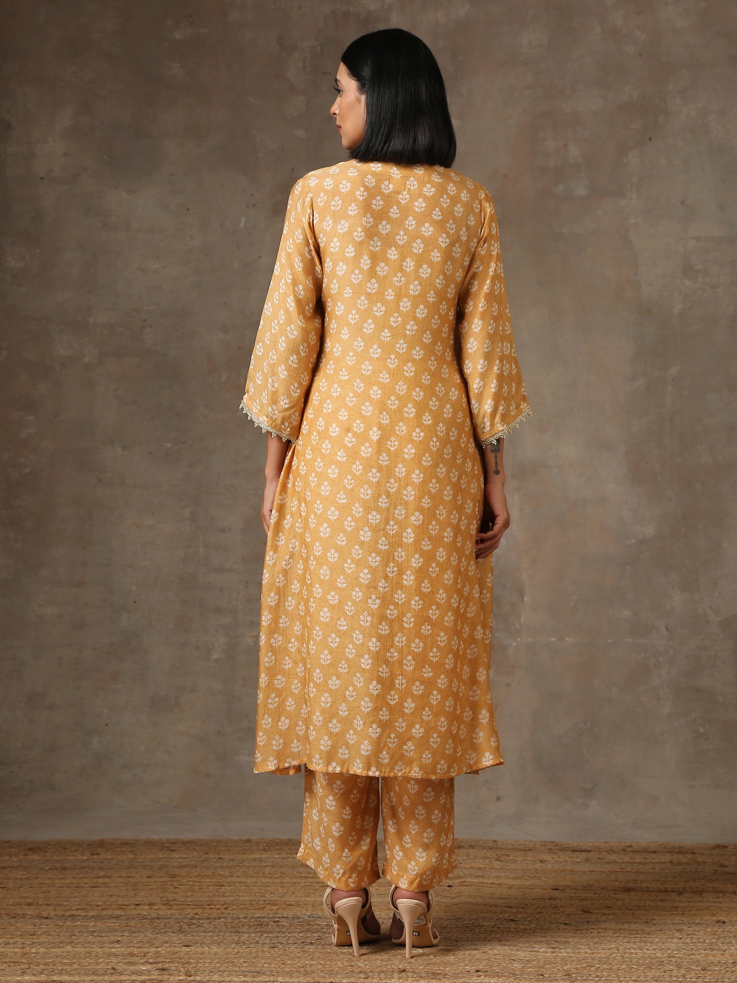 trueBrowns Beige White Flared Printed Silk Kurta Pant Set | Swadesiicart