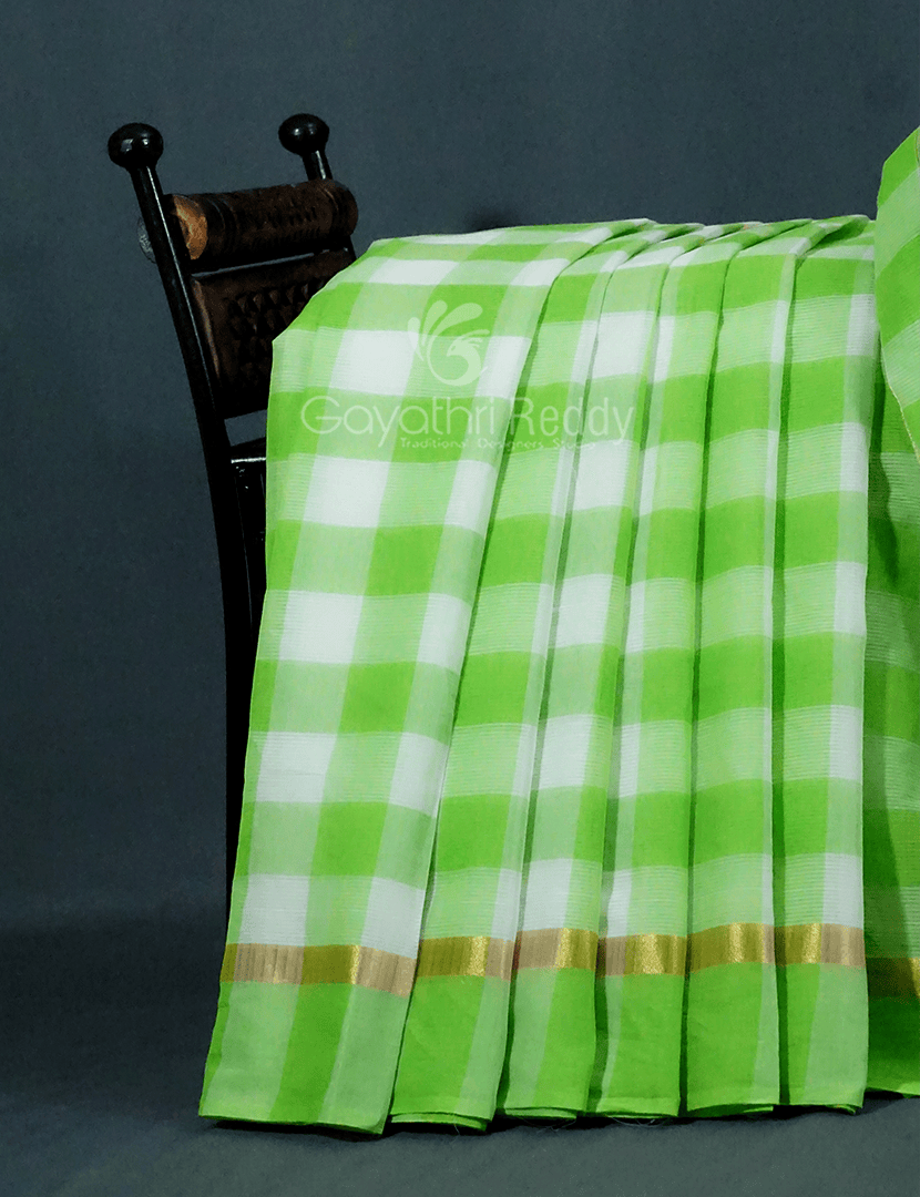 Cream And Neon Green With Checks Pure Mangalgiri Cotton Saree By Gayathri Reddy Designer Studio | Swadesiicart