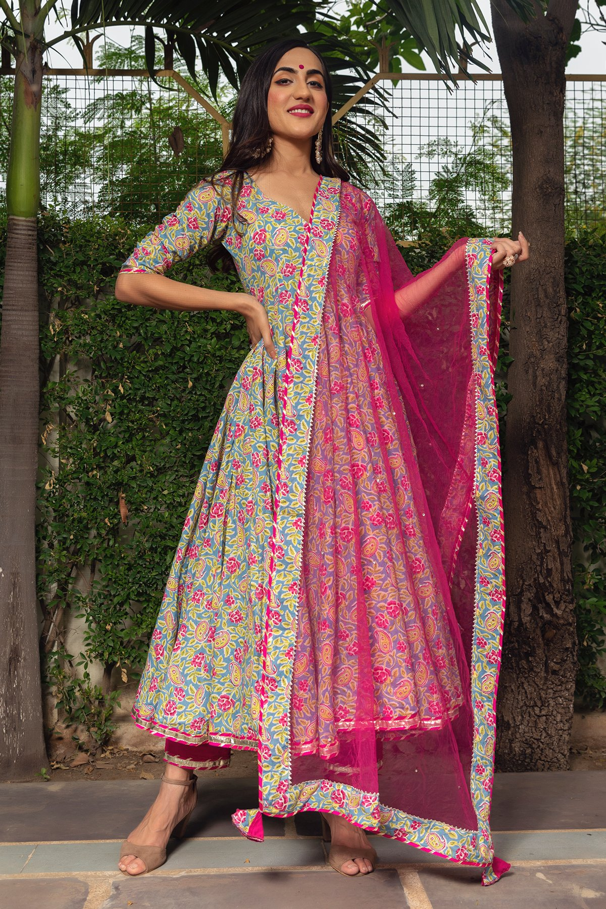 Pomcha Jaipur Jaipuri Hand Block Cotton Anarkali Set | Swadesiicart
