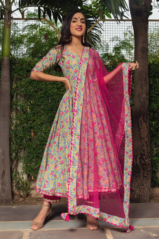 Pomcha Jaipur Jaipuri Hand Block Cotton Anarkali Set | Swadesiicart