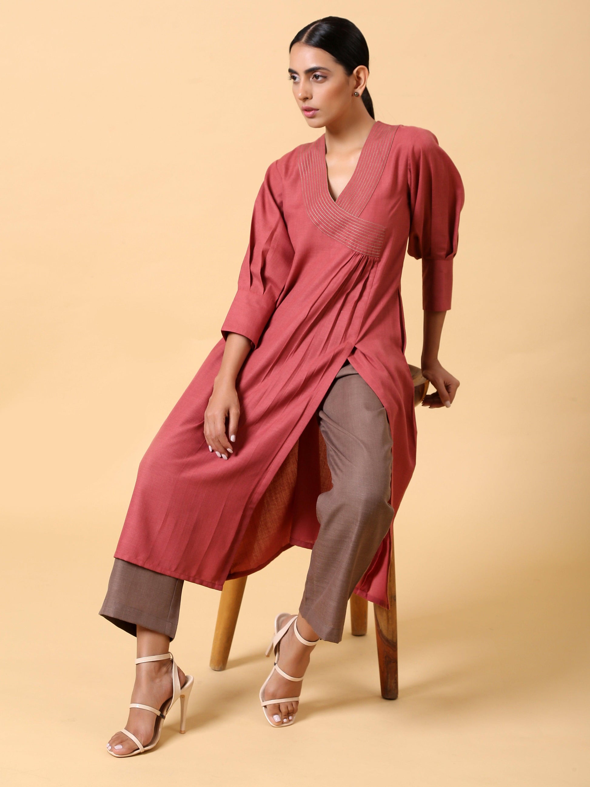 trueBrowns Cotton Linen Rust Red Kurta Pant Set | Swadesiicart