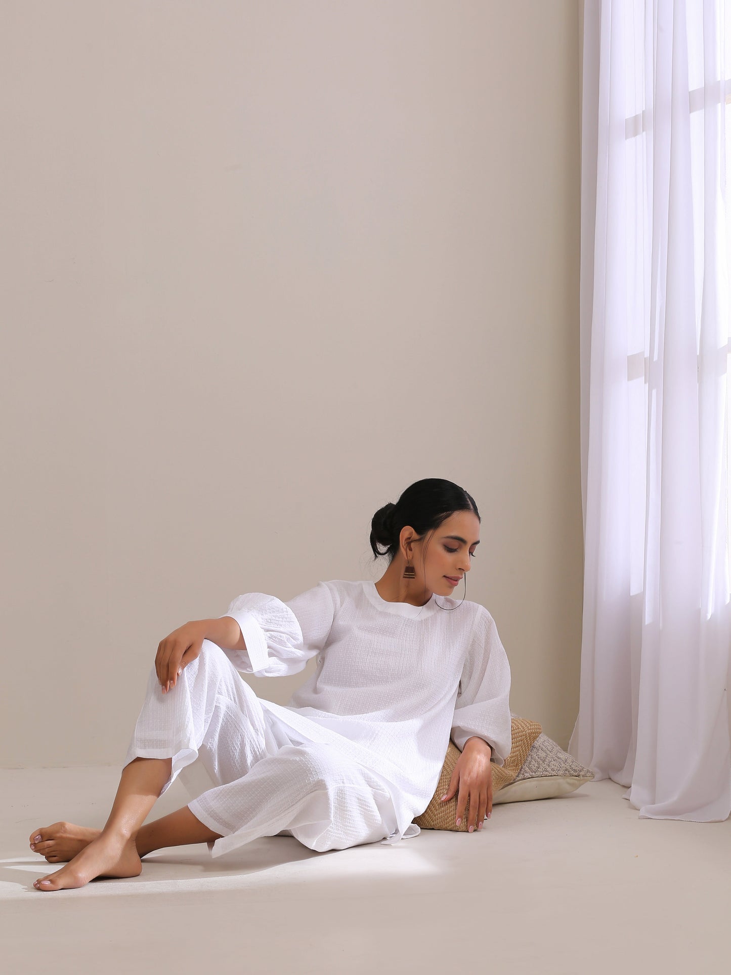 trueBrowns White Dobby Baggy Sleeve Co-Ord Set - Swadesiicart