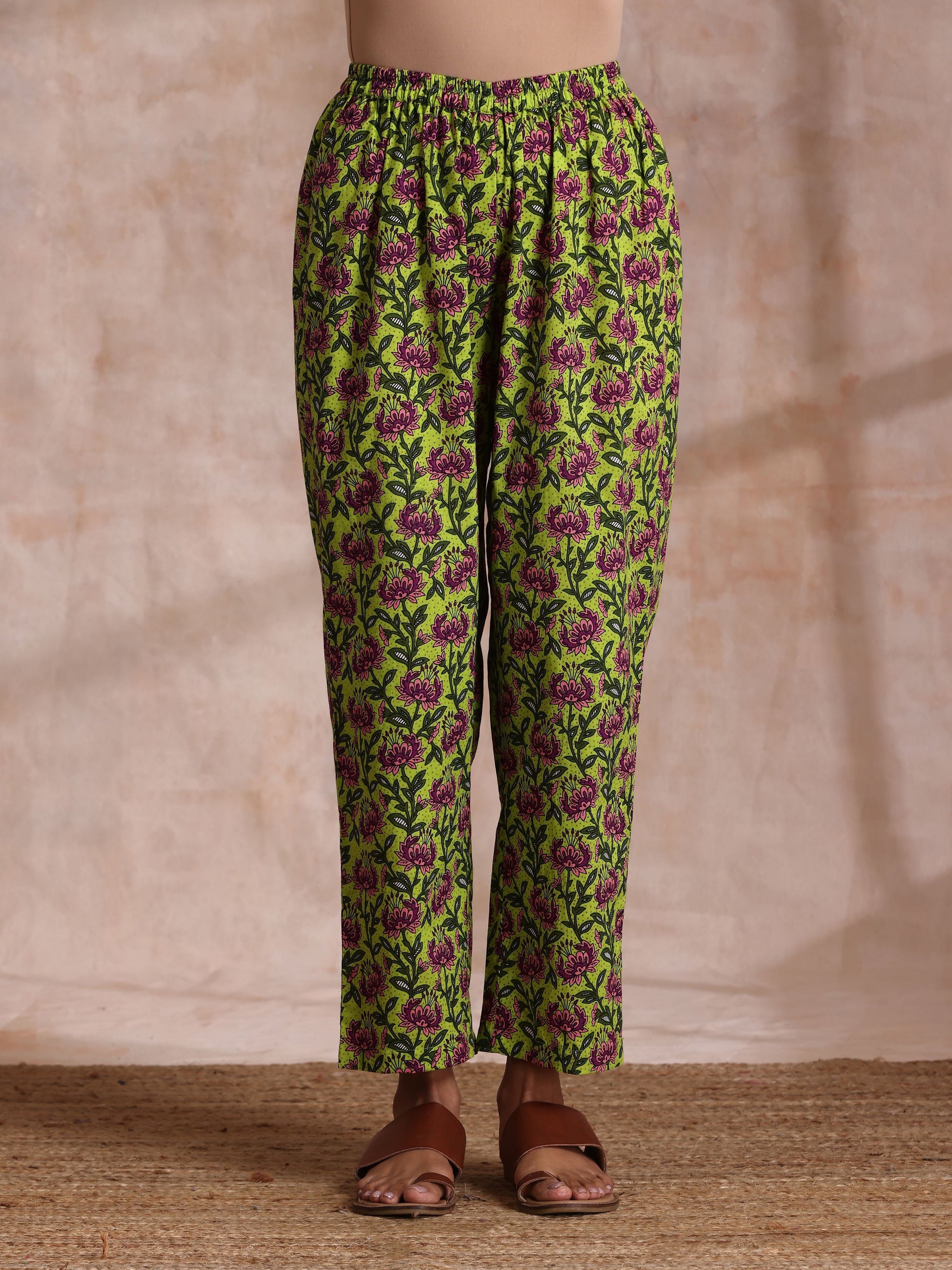trueBrowns Lime Green Overall Pink Floral Block Print Cotton Flared Kurta Pant Set | Swadesiicart