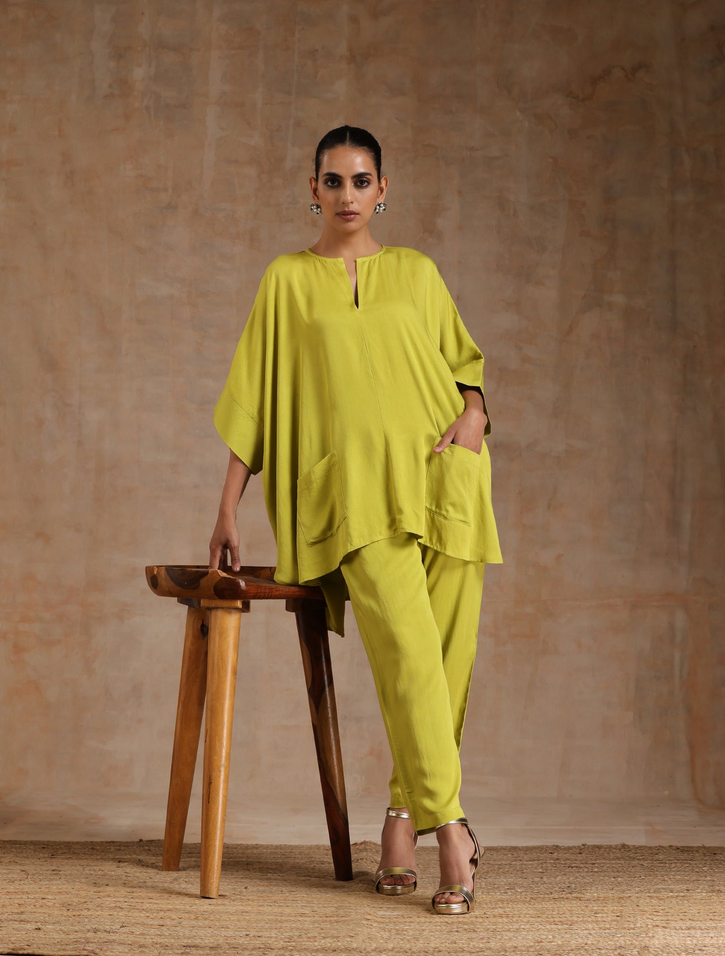 trueBrowns Lime Modal Satin Boxy Fit High-Low Co-Ord Set - Swadesiicart