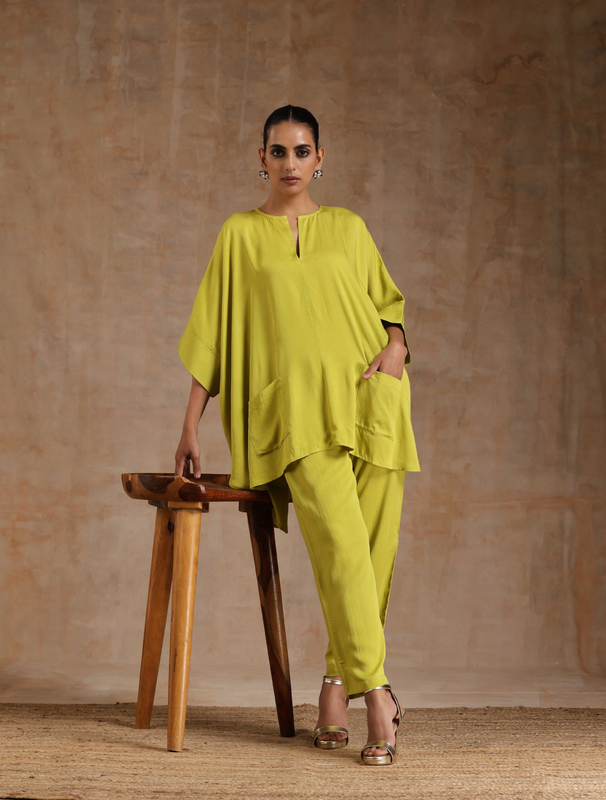 trueBrowns Lime Modal Satin Boxy Fit High-Low Co-Ord Set - Swadesiicart